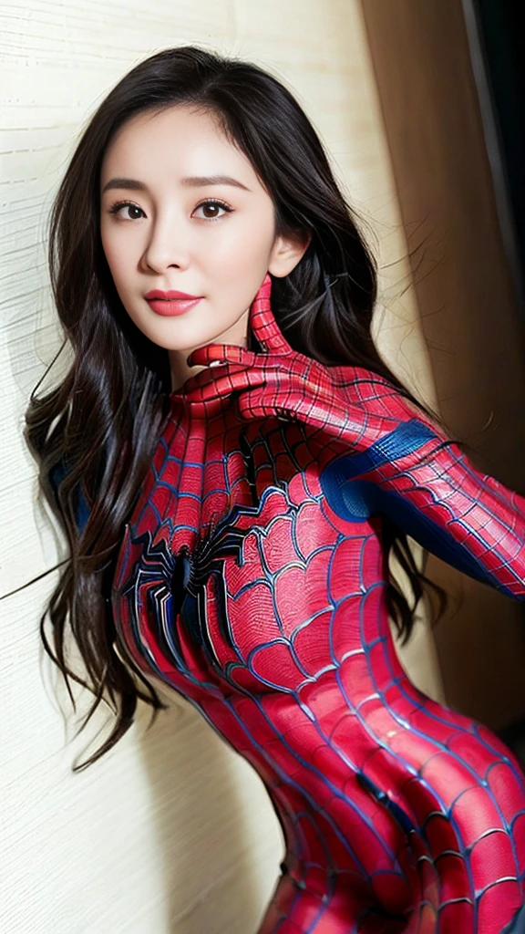 Gentle and charming Chinese beauty, star, Yang Mi,full body photo, delicate and sexy body, charming oval face, double eyelids, smart peach eyes, pink lips, small nose, ((big breasts)), focused face, face close-up, ultra HD, ultra detailed, elegant standing posture, ((tight Spider-Man suit:1.2)), ((The Spider-Man costume:1.2)),((Show one's face:1.5)),((Spider-man's signature move)),