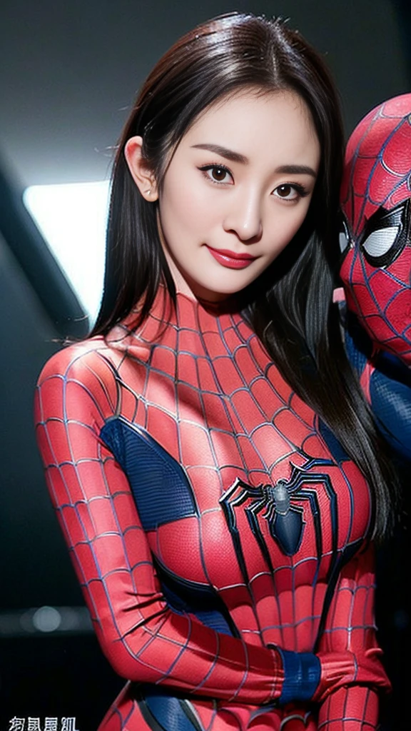 Gentle and charming Chinese beauty, star, Yang Mi,full body photo, delicate and sexy body, charming oval face, double eyelids, smart peach eyes, pink lips, small nose, ((big breasts)), focused face, face close-up, ultra HD, ultra detailed, elegant standing posture, ((tight Spider-Man suit:1.2)), ((The Spider-Man costume:1.2)),((Show one's face:1.5)),((Spider-man's signature move)),