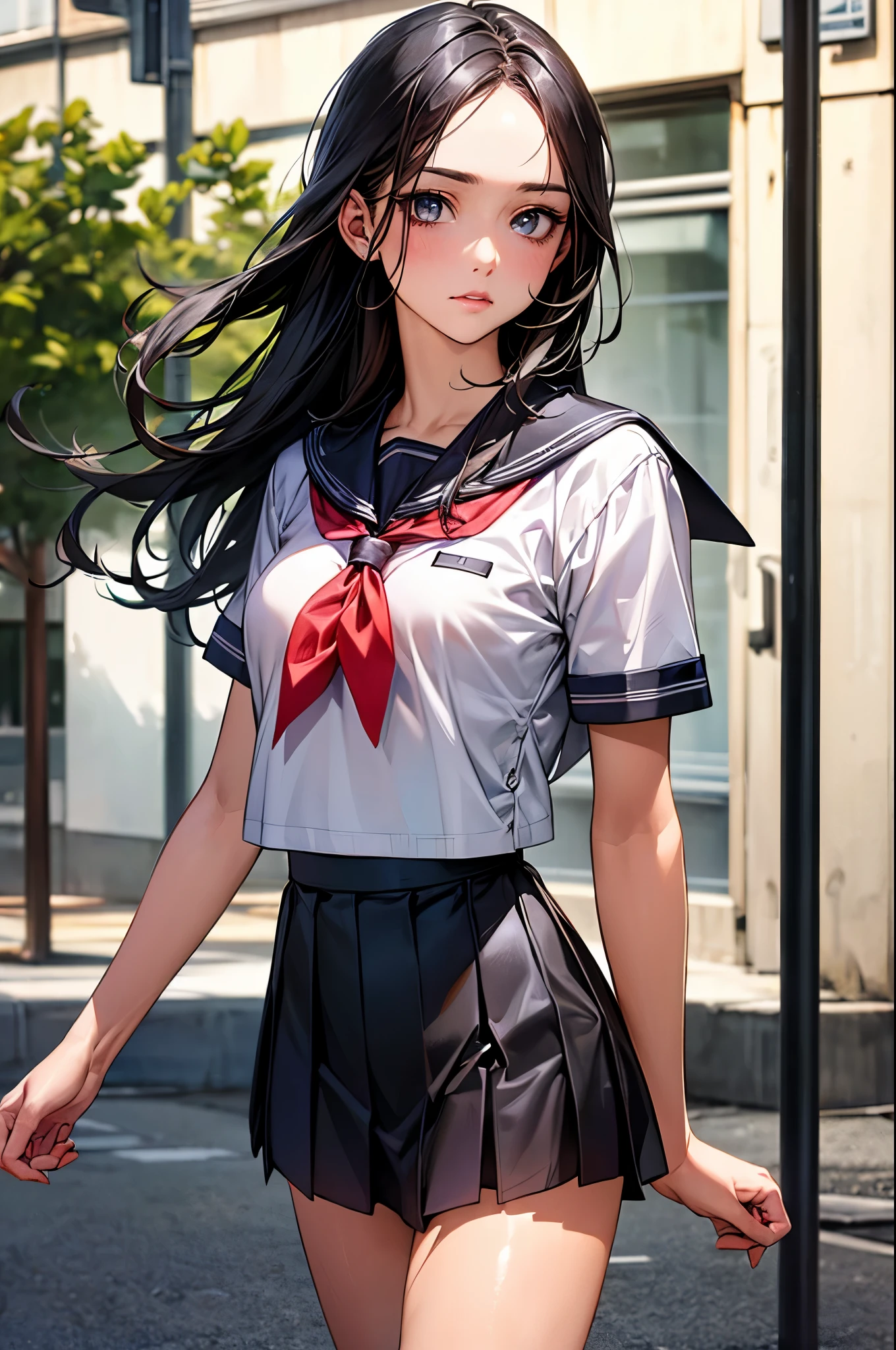 ((perfect anatomy,realistic:1.2,RAW Photography:1.2,masterpiece、highest quality、Ultra - High resolution、High resolution、Highly detailed CG、8K)),cowboy shot,1 female,solo,18-year-old、High school girl beautiful girl,Japanese,(beautiful detailed face and eyes:1.2,big gorgeous eyes:1.2,gray eyes,),black hair,long bob hair,(center parted hair,forehead),(medium breasts,slender body,small head:1.2,skinny),(oily skin,gleaming skin,shiny skin),school clothes、short sleeve、sailor suit、Black sailor collar、red neckerchief、Black pleated mini skirt、on street,Tokyo、