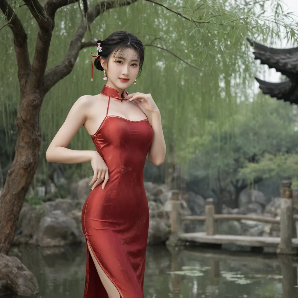 raw photo, realistic, chunli wears thin wet transparent red qipao, light smile, (extreme detailed face, detailed skin), slim body, tight waist, thin thighs, thin legs, huge round breasts, pearl earrings, double hair bun, silk bandeau, thin wet stockings, show thighs, show feet, full body shot, kungfu pose in Chinese garden with blooming plum tree and bamboos, soft lights on face, dusk, light rainy, warm tone.