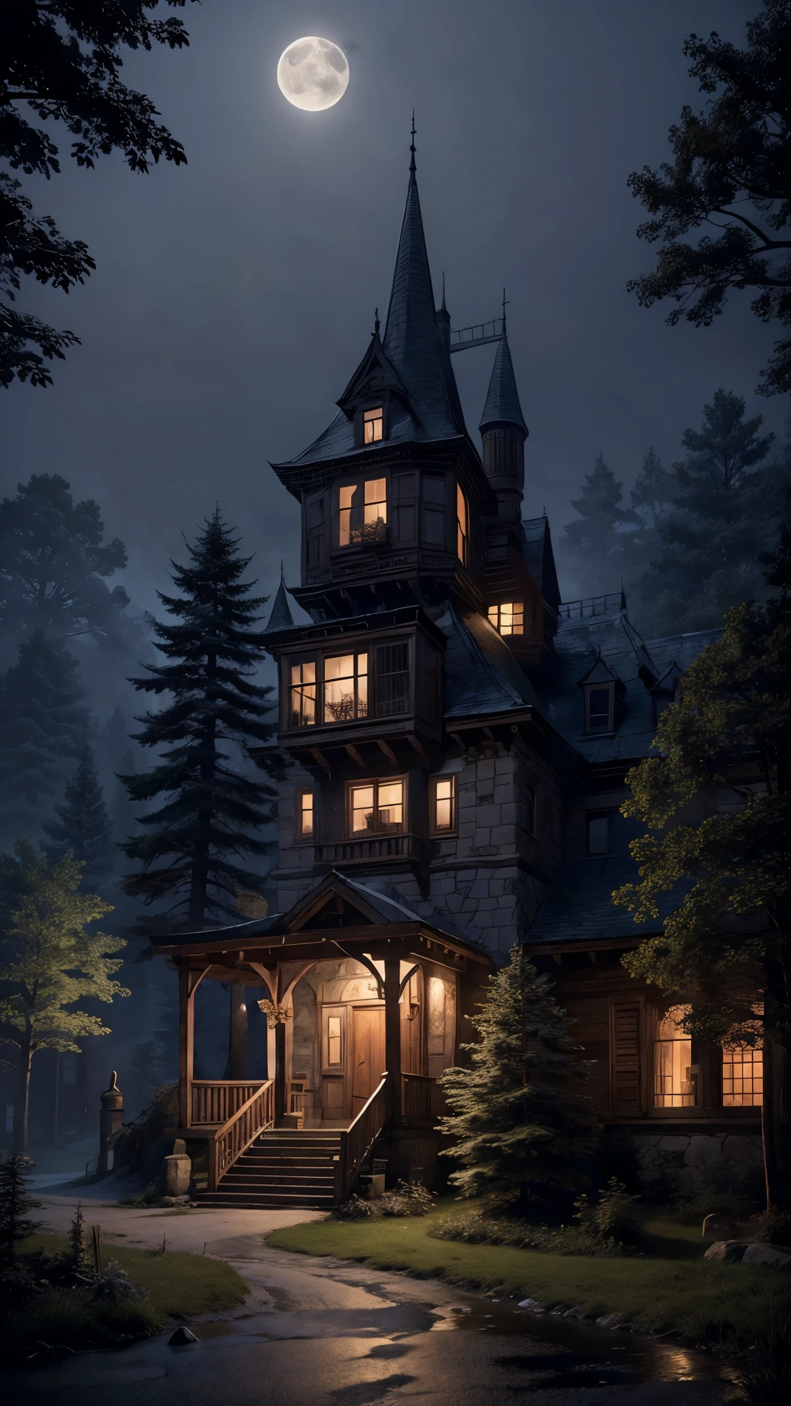 a castle sitting on the mountain surrounding by the trees, foggy, dark night, moon and clear sky, (masterpiece),((ultra-detailed)), (highly detailed CG illustration),(expressionless), (best quality:1.2), High quality texture, intricate details, detailed texture, High quality shadow, 