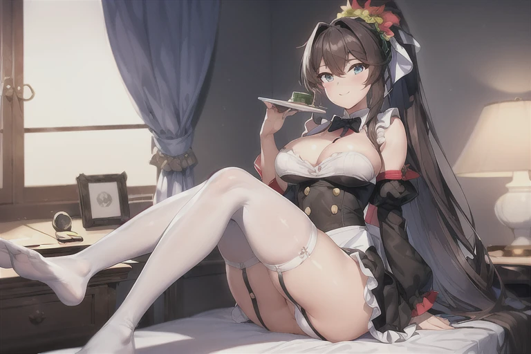 masterpiece, best quality, ultra-detailed, illustration, warm lighting, bright colors, 1girl,solo, long hair, very long hair, chifuyu, blue eyes, bangs, hair_flower, hair_ornament, hair_over_eyes, ponytail,
1girl, apron, black_bow, black_bowtie, white_dress, blinds, book, bow, bowtie, cleavage, cleavage_cutout, closed_mouth, clothing_cutout, cup, dress, frilled_dress, frills, fruit, full_body, garter_straps, hair_twirling, hand_on_own_thigh, hand_up, indoors, lamp, legs, legs_up, long_hair, looking_at_viewer, maid, maid_apron, no_shoes, panties, puffy_short_sleeves, puffy_sleeves, short_sleeves, sitting, solo, stirrup_legwear, thighhighs, thighs, underwear, white_apron, white_garter_straps, white_panties, white_thighhighs, feet out of frame,