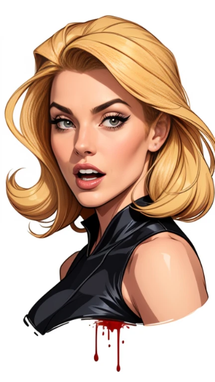 Personagem usando roupasestilo Cartoon Burlesque suja de sangue criminoso Yvonne Strahovski omagem de desenho animado de uma mulher .cartoon style illustration, estilo de arte dos desenhos animados, estilo de arte dos desenhos animados, open mouth with vampire teeth stained with criminal blood Digital illustration style, design de personagens altamente detalhado, arte digital detalhada fofa, City fan art, Design de personagens de retrato, beautiful digital illustration, retrato de alta qualidade, Arte em quadrinhos, mulher jovem. expression of sexual desire white background stained with criminal blood