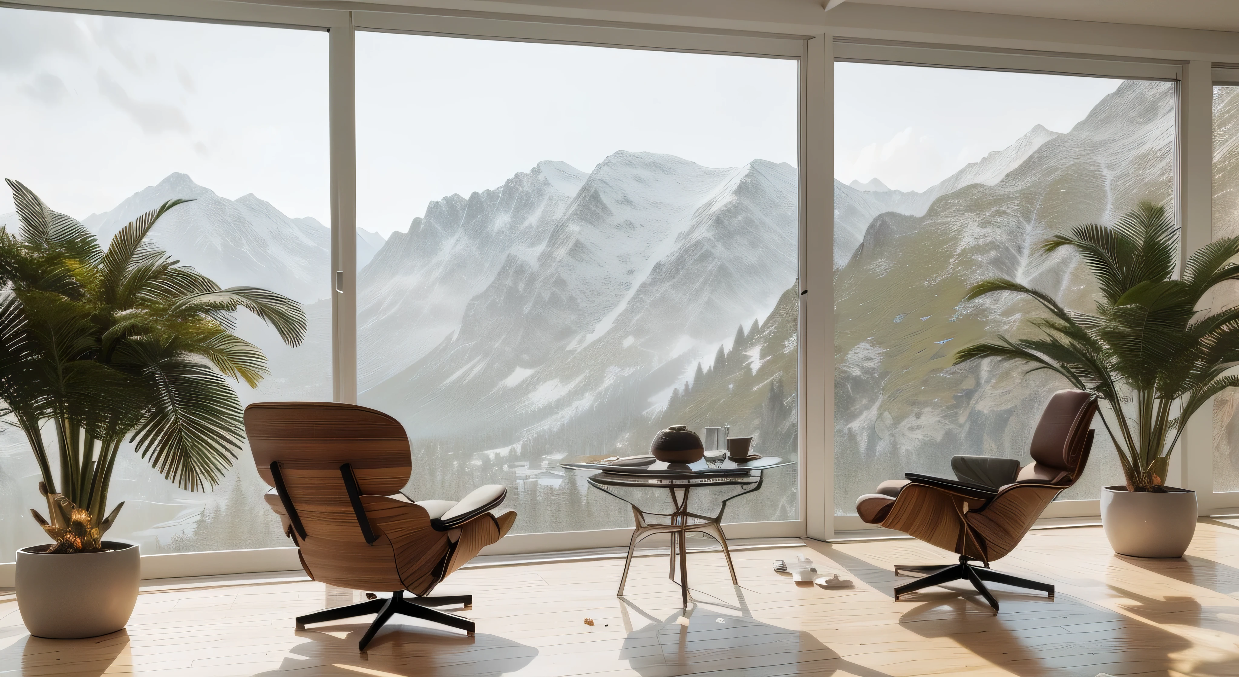 there are two chairs and a table in a room with a mountain view, floor - to - ceiling windows, large glass windows, natural window lighting, floor to ceiling window, relaxing environment, archviz, expansive view, integrated in the mountains, rendered in unreal engine 4k hq, rendered in unreal engine 4 k hq, unreal engine realistic render, mid - century modern