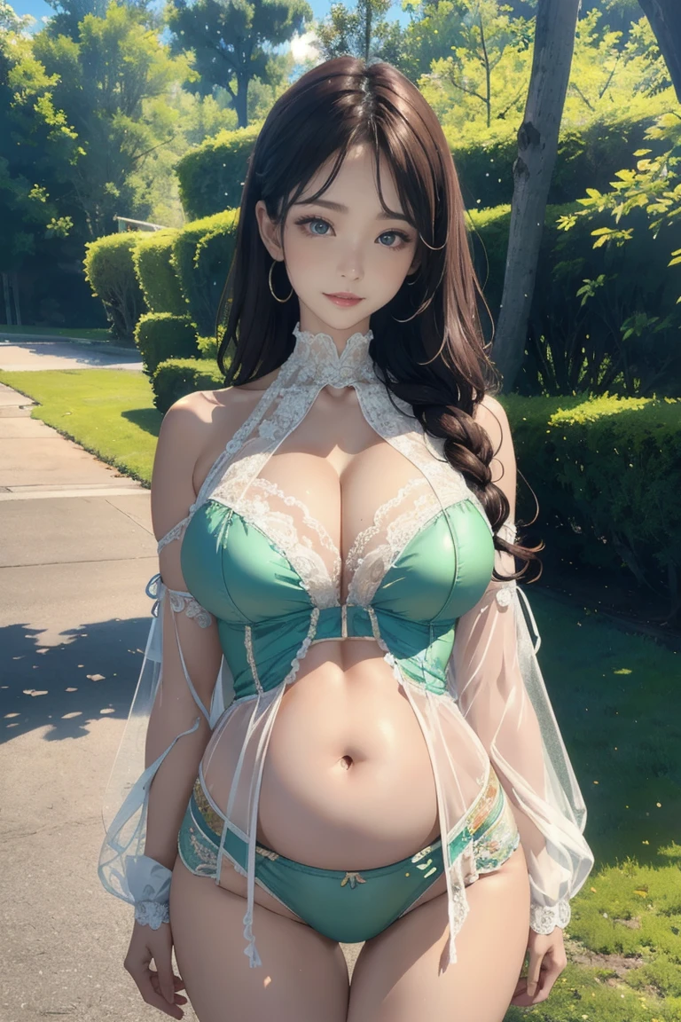 (masterpiece:1.2, 최consultation 품질), realistic, (Real picture, intricate details, High-neck clothing), chapped lips, very detailed, perfect face, perfect body, pregnancy,Large models,forest background,transparent nipples,mature woman,tall, long legs, consultation, Separate your lower garments.,brightly colored、Clothes with open chest,revealing outfit,The lower body is only underwear,Only the upper body is dressed,random hairstyle、big bust、lace costumes、decorated costume、Clothing that exposes the navel、