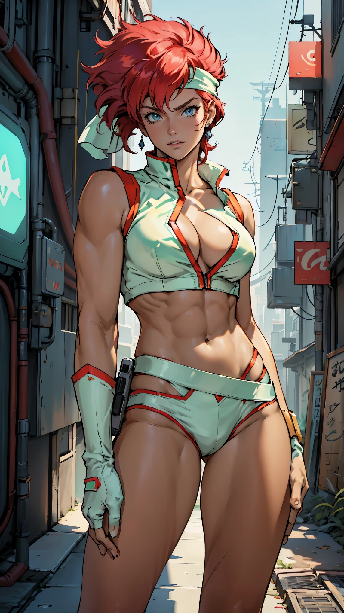 ((Masterpiece, highest quality; 1.3)), super quality, beautiful detail, super detailed, extra fine, 16K, exquisite, absurd, high resolution, beautiful background, detailed background, beautiful eyes, beautiful skin, anime style, Kay from Dirty Pair in a high white outfit, cleavage, bushy redhead beauty, white uniform, wearing tight clothes, skimpy, (mid chest: 1.2), cleavage, cleavage, ( Muscular body: 1.2), abs, obliques, muscular biceps, slim waist, slim thighs, thigh gap, showing stomach, skinny, thin hips, cyberpunk city background, retro space gun holding, green headband, emerald green headband