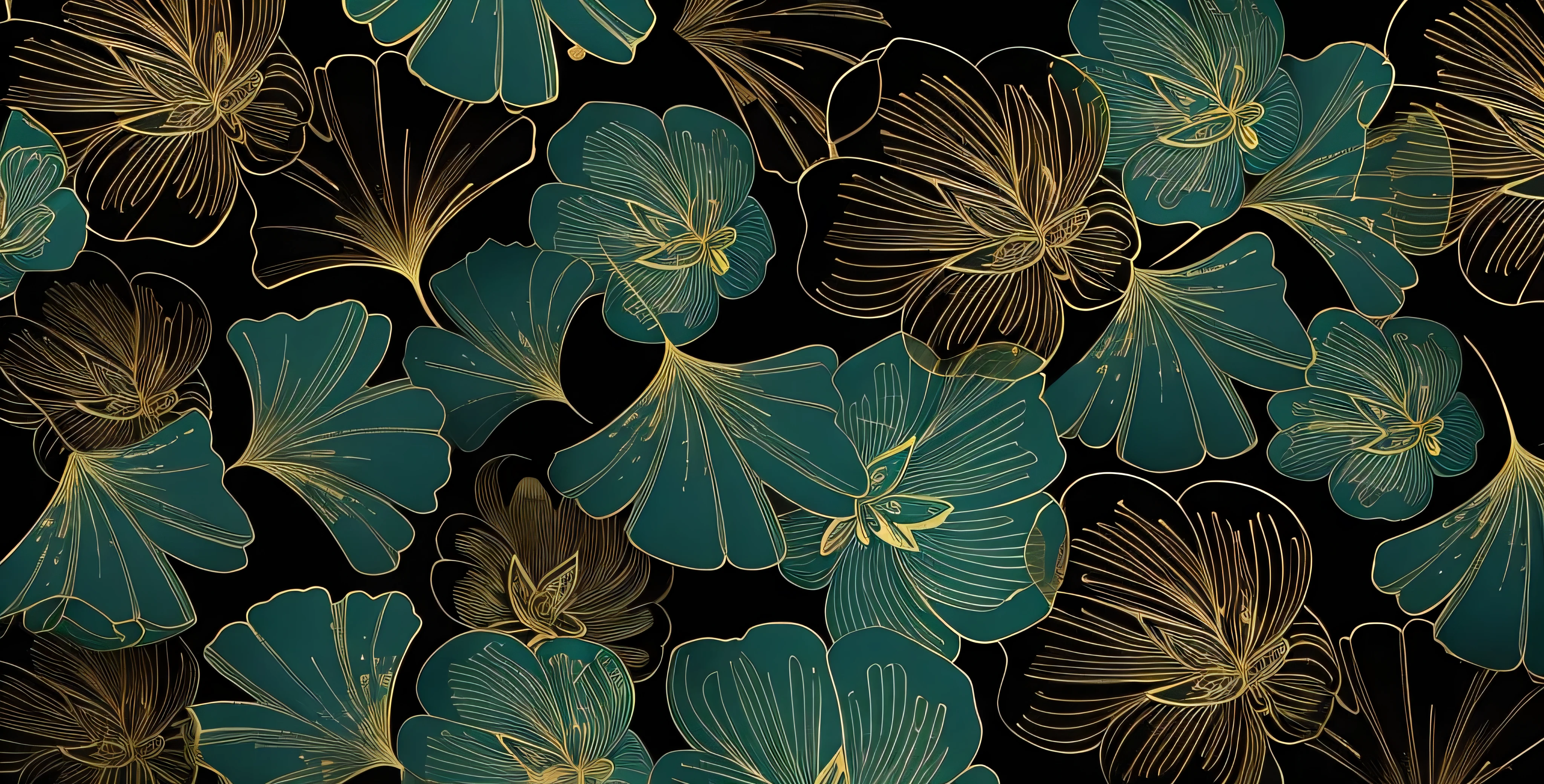 a close up of a pattern of flowers on a black background, chaotic gold leaf flowers, neon floral pattern, exquisite line art, delicate detailing golden stroke, dark flower pattern wallpaper, gold flowers, dreamy floral background, gold flaked flowers, touch of gold leaf, gradient black green gold, gold and green, gold leaves, botanical background, fantasy flowers and leaves