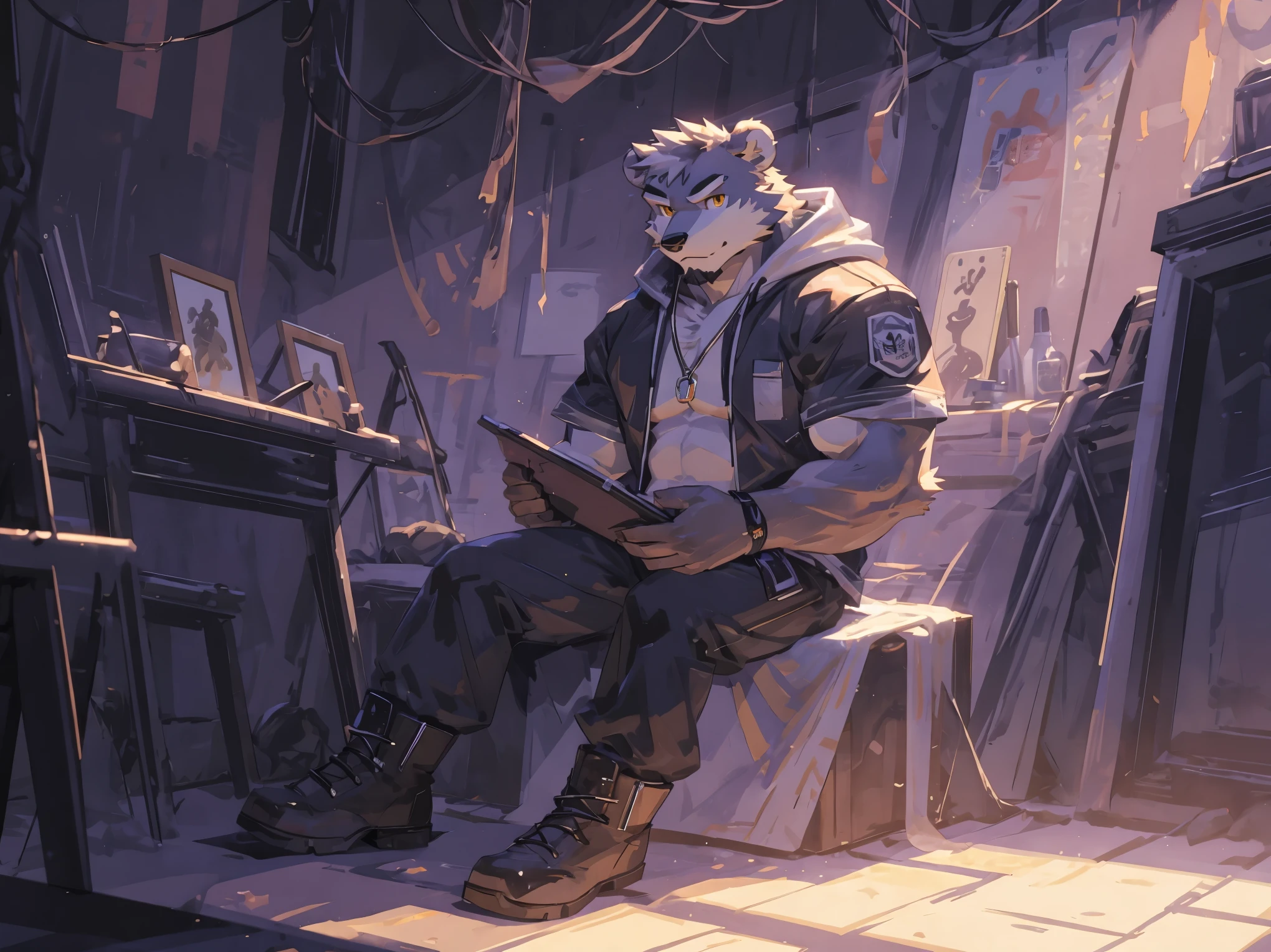 (masterpiece:1.2), best quality,pixiv,official art,perfect anatomy, (Ray tracing, light),solo, (1_male:1.3) , (muscle), (gray fur:1.4), (muscle bear), (beard:1.2), (gleaming golden eyes), Thick eyebrows, open hoodie, naked inside, cargo pants, (boots:1.2), portrait, sitting alone