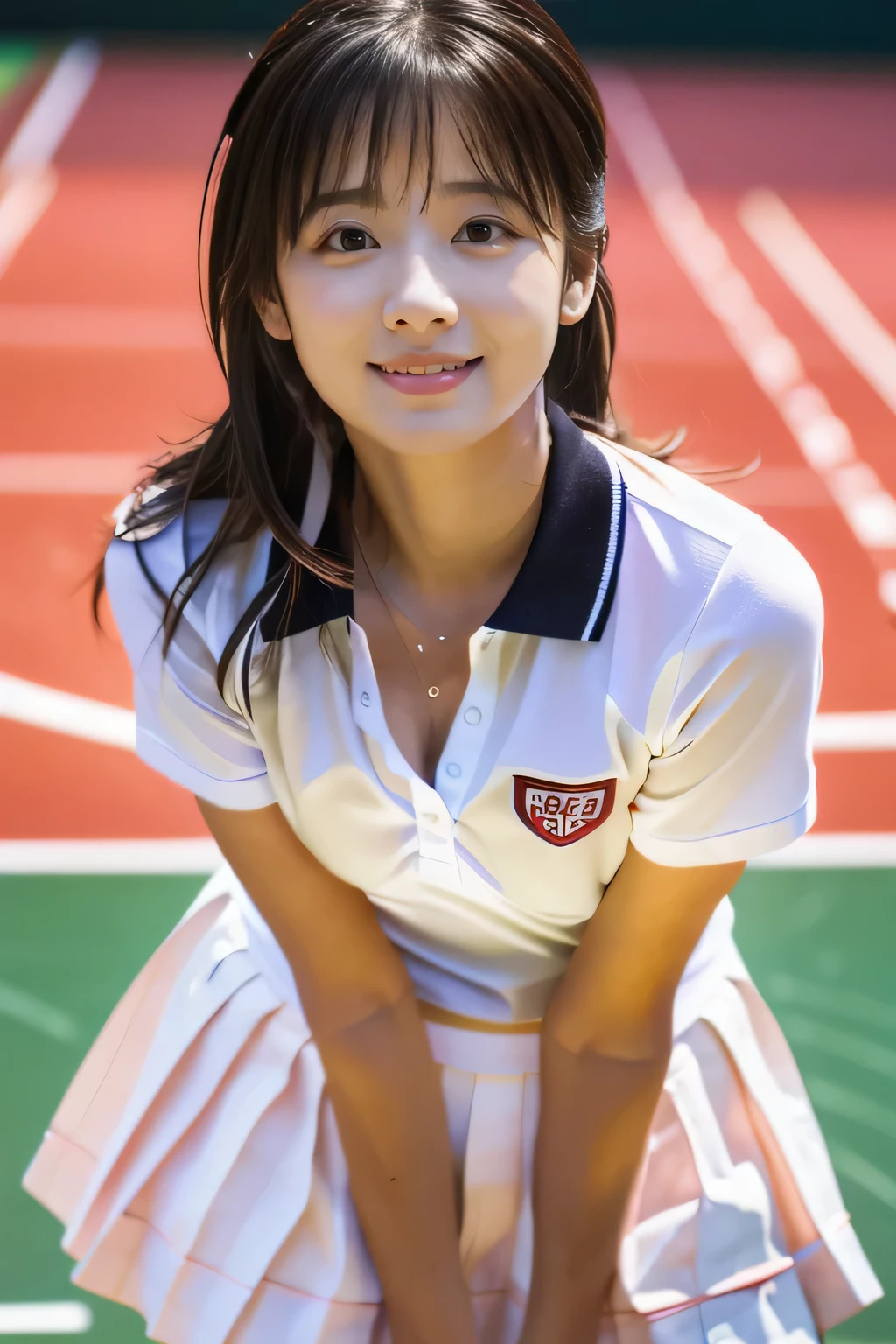 highest quality, masterpiece, ultra high resolution, (realistic:1.4), Raw photo,  girl, ((leaning forward):1.3), ((From above)), (She is wearing a white polo shirt and a pale pink pleated tennis skirt.), (Very cute face like the most popular Japanese idol, very childish face, ((very beautiful big black eyes)), very beautiful hair, very beautiful skin, very beautiful long eyelashes, very beautiful lips, very beautiful cleavage, innocent smile, dynamic pose, Tennis shirt with attention to detail, detail tennis pleated skirt