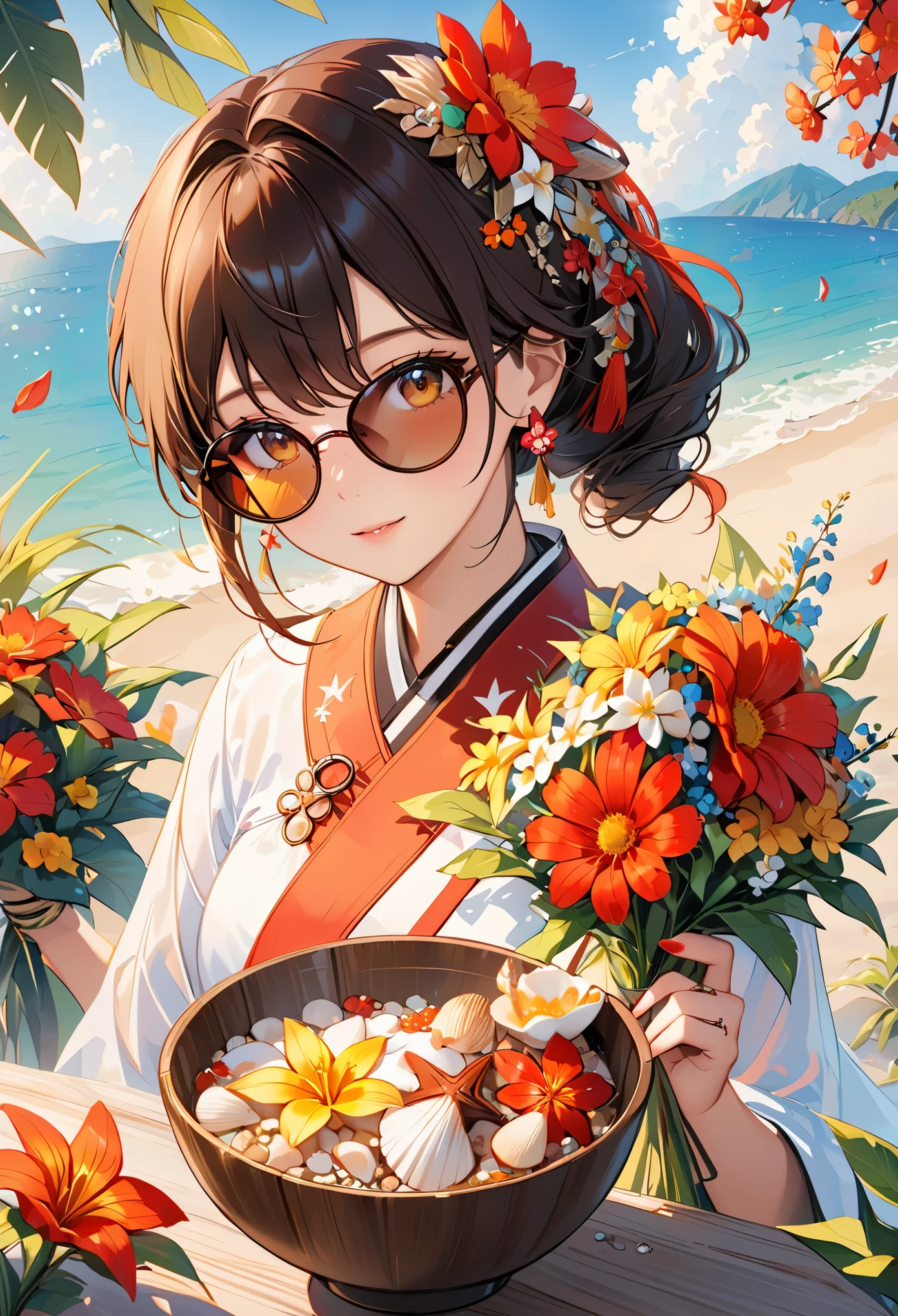 nonsense, high, have a lot of details, 1 girl, alone, ดวงตาที่have a lot of details, starfish, seashell, shell, flower, have, hair decorate, decorate, straw have, look at the audience, sunglasses, have flower, straw, hairpin, earrings, red flower, have色眼镜, yellow flower, Smooth, English text, colorful hair, orange flower, black hair, ring, bowl, long hair, orange-have色眼镜, food, brown hair, portrait, shell hair decorate