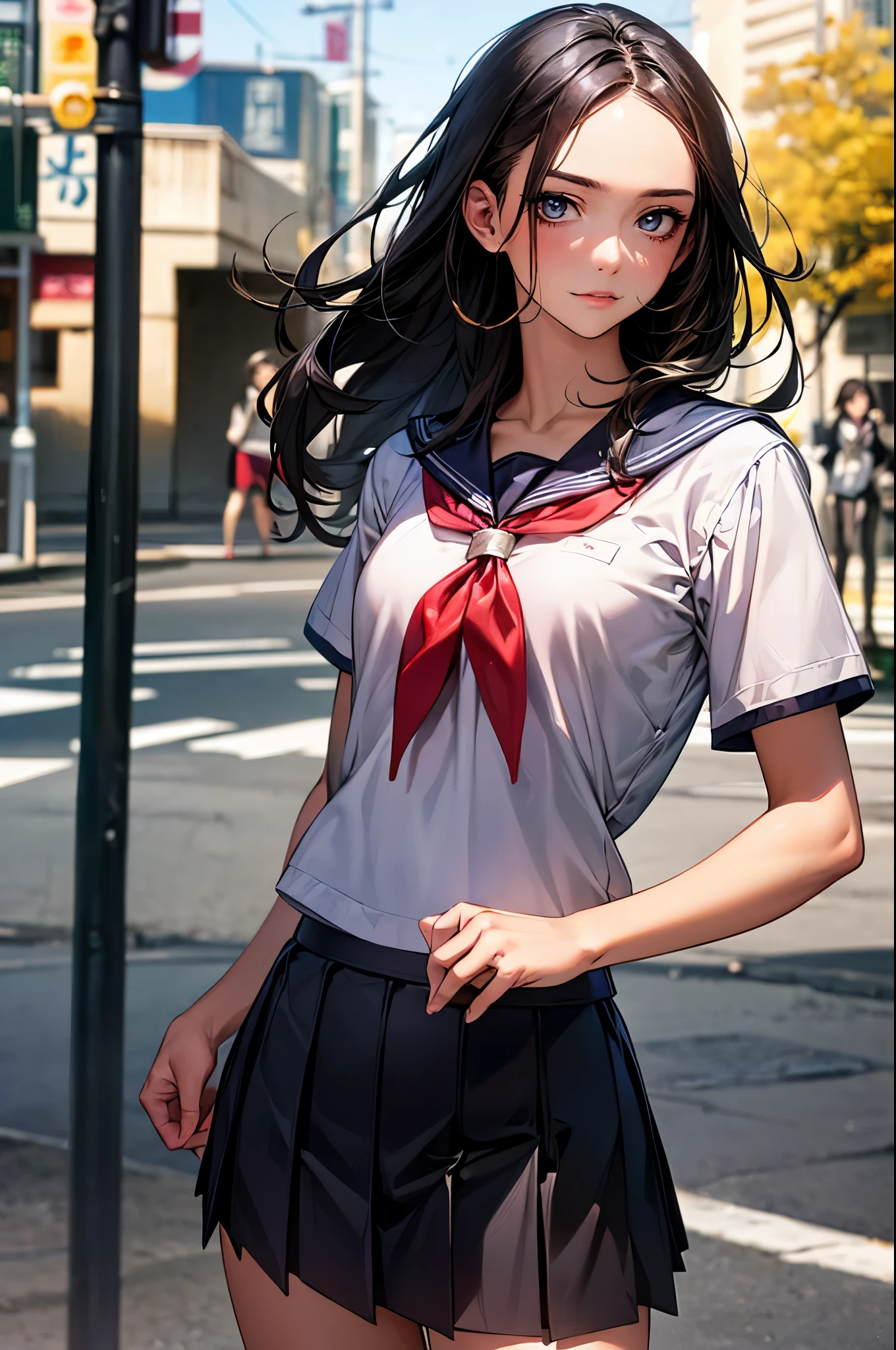 ((perfect anatomy,realistic:1.2,RAW Photography:1.2,masterpiece、highest quality、Ultra - High resolution、High resolution、Highly detailed CG、8K)),cowboy shot,1 female,solo,18-year-old、High school girl beautiful girl,Japanese,(beautiful detailed face and eyes:1.2,big gorgeous eyes:1.2,gray eyes,),black hair,long bob hair,(center parted hair,forehead),(medium breasts,slender body,small head:1.2,skinny),(oily skin,gleaming skin,shiny skin),school clothes、short sleeve、sailor suit、Black sailor collar、red neckerchief、Black pleated mini skirt、on street,Tokyo、