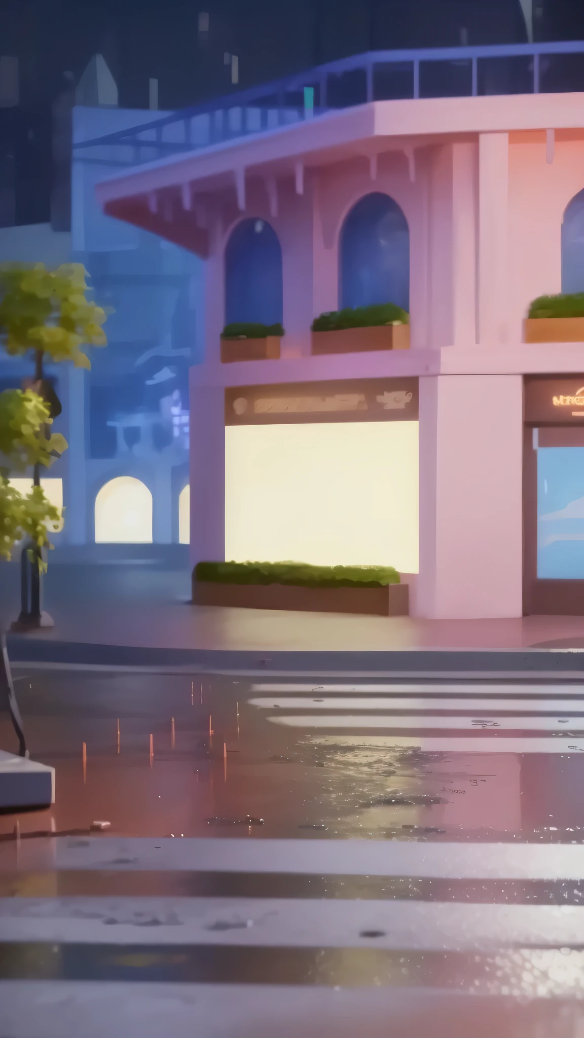 There is a pink building,There are pink roofs and pink umbrellas, shopping mall background, Random background scene, animation style rendering, Background super detailed, downtown background, realistic Create a shot, In Zootopia, Super detailed scenes, Rendering at Pixar, Zootopia concept art, city street view background, background art, animated movie scene, Create a shot, background artwork