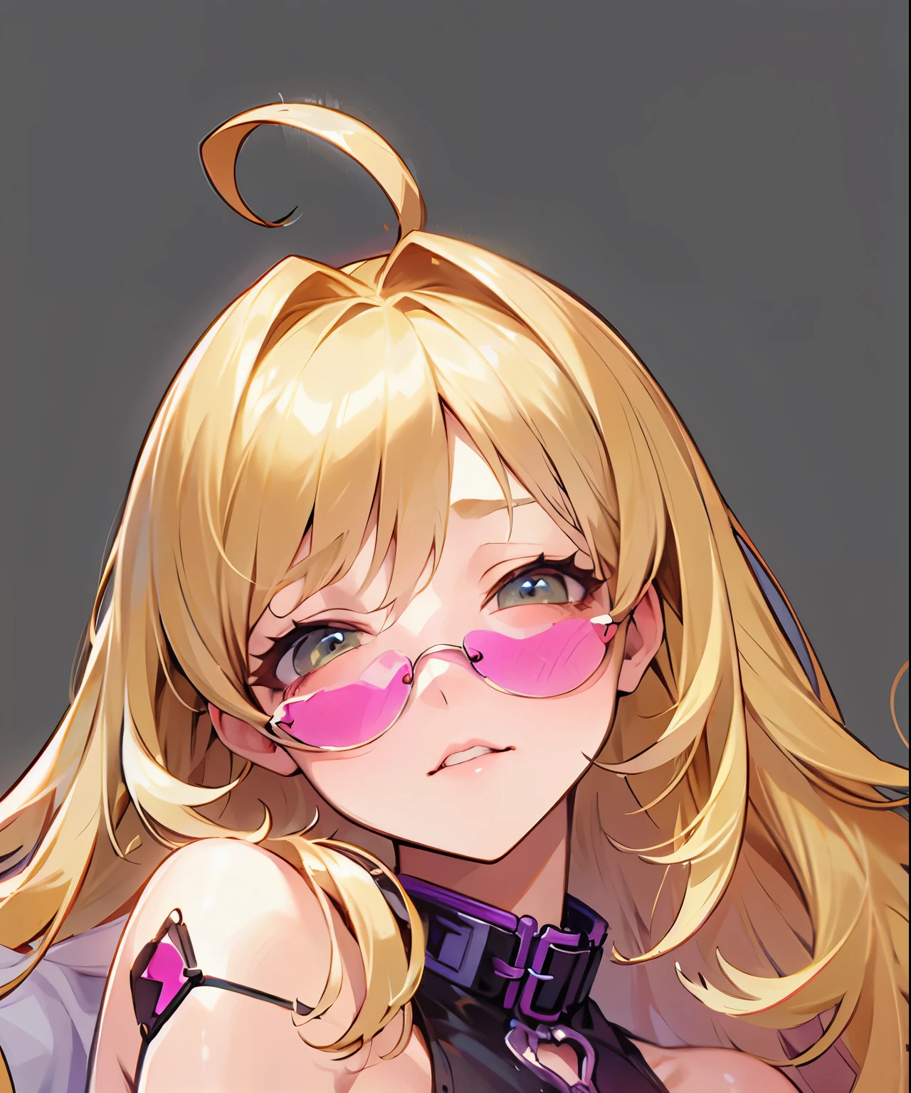 Blonde sick girl,expression,Wearing pink glasses