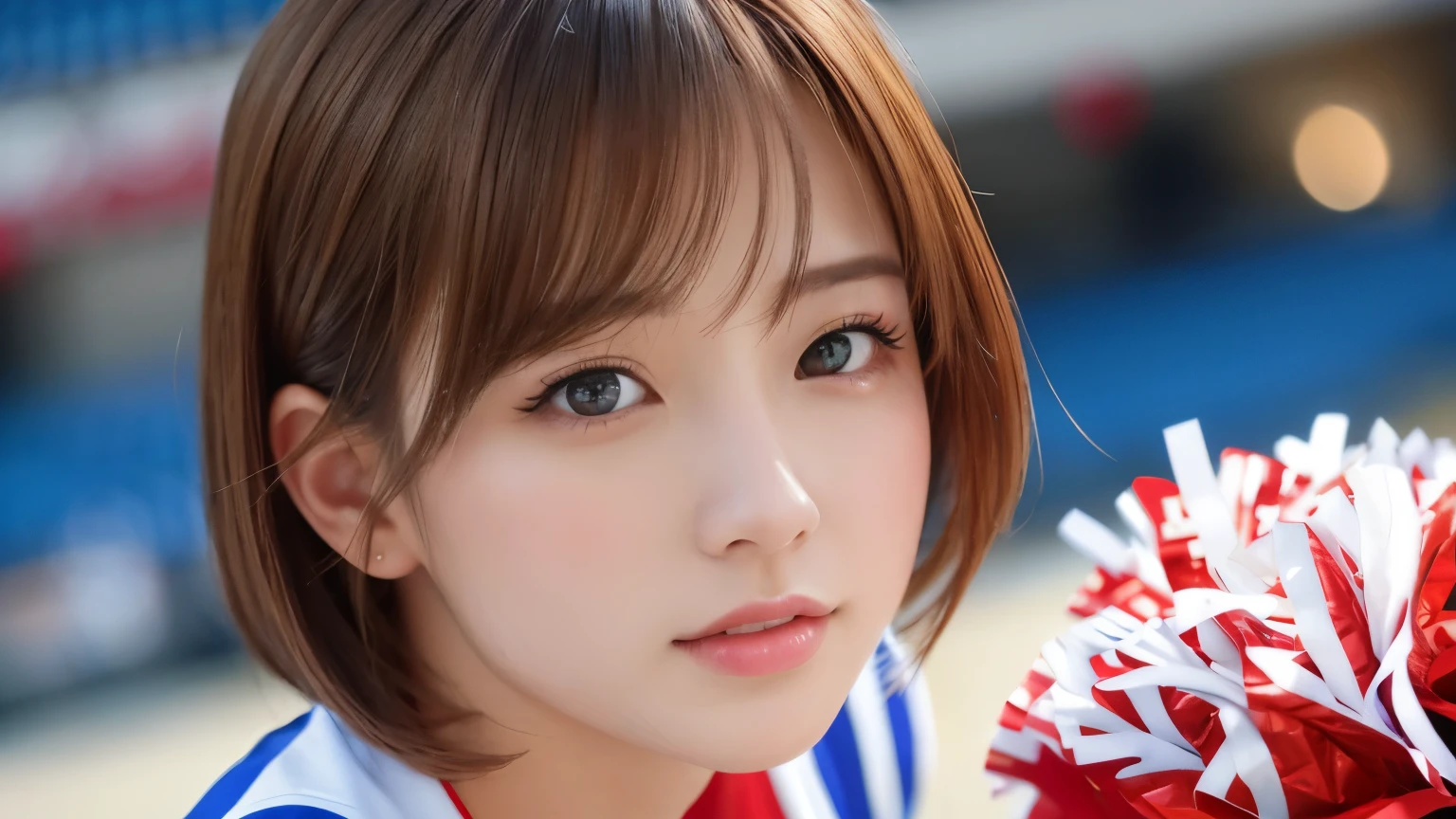 Photoreal、Masseter muscle part、highest quality、High resolution、Raw photo、realistic、bright lighting、face light、smooth professional lighting、japanese woman、Beautiful woman、modeled、gravure、sexy、super beautiful、realisticで美しい肌、beautiful and detailed eyes、detailed face、slim、medium big breasts、short hair、brunette colored hair、brown eyes、looking at camera、Cheerleader、Cheerleader、Cheerleader