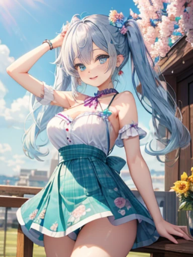 小さなgirl、Face photo、Face up、The arrival of spring、big ass、 (alone:1.5,)Super detailed,bright colors, very beautiful detailed anime face and eyes, look straight, ;d, shiny_skin,girl, ((hair color is、Gradation、long hair,Gradationヘアー、White and blue hair))、forehead is exposed.、green eyes、、shiny hair, delicate beautiful face, blush、(turquoise eyes), White skin, Valletta, earrings,、blue flower field、(((Floral pink.sexy summer clothes、Purple Floral Skirt)))、twin tails、smile、smile、Face dyed red、Face-centered、sit、pantyhose、Bind both legs