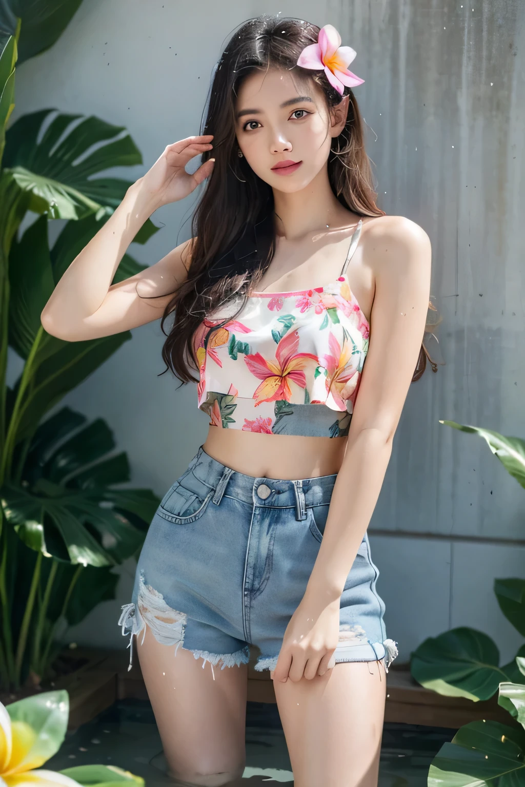 beautiful girl, Wear a Hawaiian flower crop top., short jeans skirt, holding a water gun, There are frangipani flowers in the hair., splashing water, Wet clothes, stand, half body, wet
