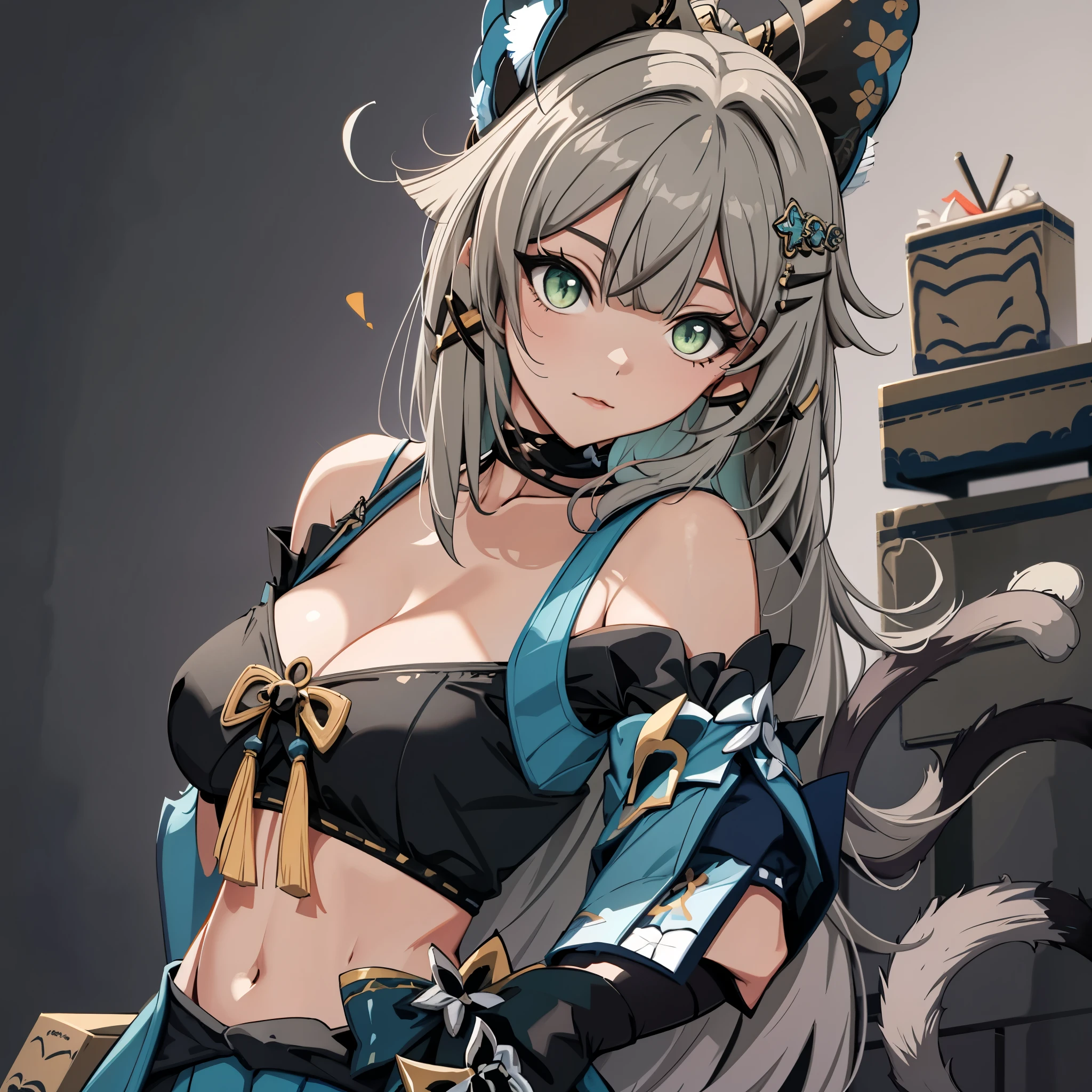 master piece， best quality， 1 girl， gray background，（off shoulder outfit:1.3)，small breasts，cleavage，cat tail，particle fx，upper body close-up，cityscape，Depth of the bounds written