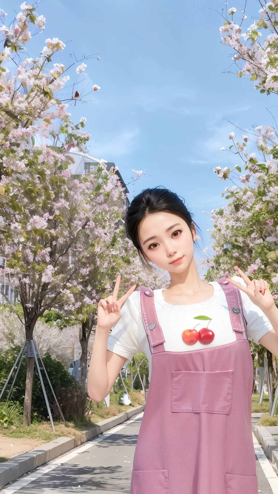 (best quality),(masterpiece),high details,extremely_detailed_CG_unity_8k_wallpaper,there is a woman standing in the middle of a road with a cherry on her shirt, inspired by Sim Sa-jeong, realistic anime 3 d style, cherry tree in the background, live2d virtual youtuber model, 🍁 cute, 3 d anime realistic, inspired by Ma Yuanyu, trending on cgstation, inspired by Cheng Jiasui, cheeryblossom