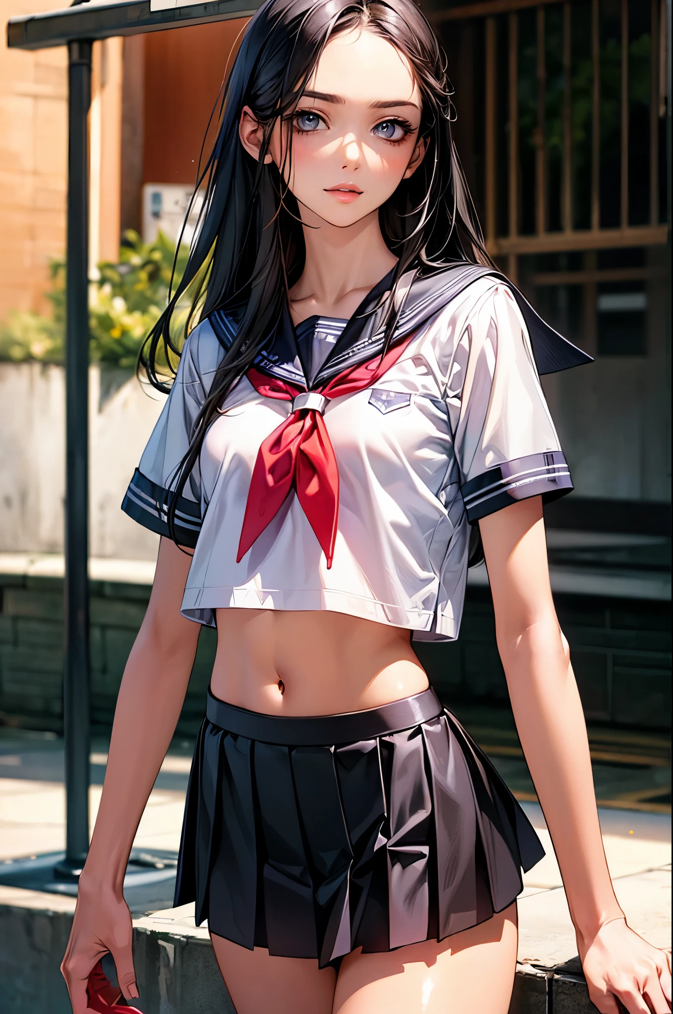 ((perfect anatomy,realistic:1.2,RAW Photography:1.2,masterpiece、highest quality、Ultra - High resolution、High resolution、Highly detailed CG、8K)),cowboy shot,1 female,solo,18-year-old、High school girl beautiful girl,Japanese,(beautiful detailed face and eyes:1.2,big gorgeous eyes:1.2,gray eyes,),black hair,long bob hair,(center parted hair,forehead),(medium breasts,slender body,small head:1.2,skinny),(oily skin,gleaming skin,shiny skin),school clothes、short sleeve、sailor suit、Black sailor collar、navel、red neckerchief、Black pleated mini skirt、on street,Tokyo、