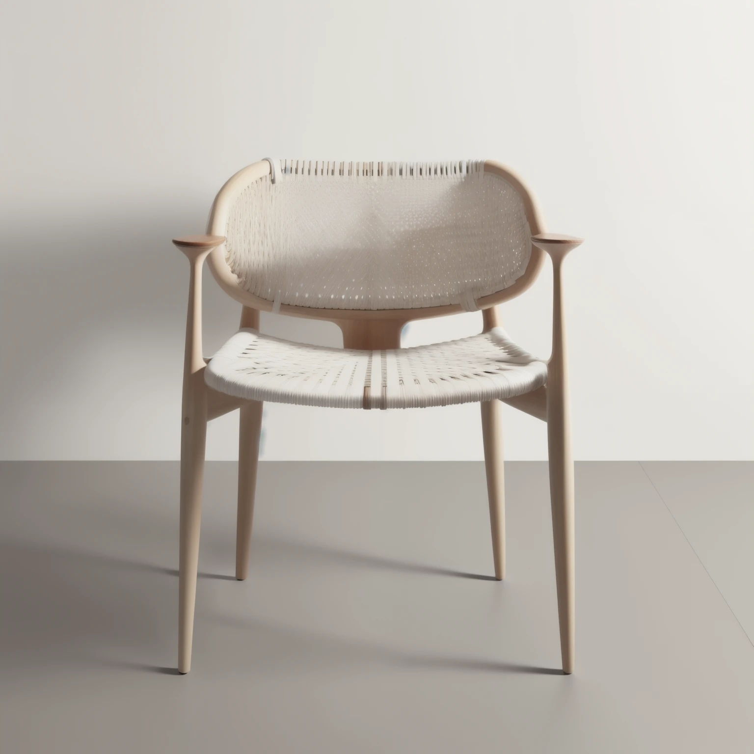 a white chair with a woven seat and wooden legs, wood chair, inspired by Fernando Gerassi, froggy chair, wood carved chair, chair, furniture concept photo!!, furniture design, inspired by Charles Roka, wicker chair, realistic rendering for stool, tied with chair, An incredible design that is complemented by its fine wood base and a backrest woven with polycord tape that will give that touch you were looking for to your space.