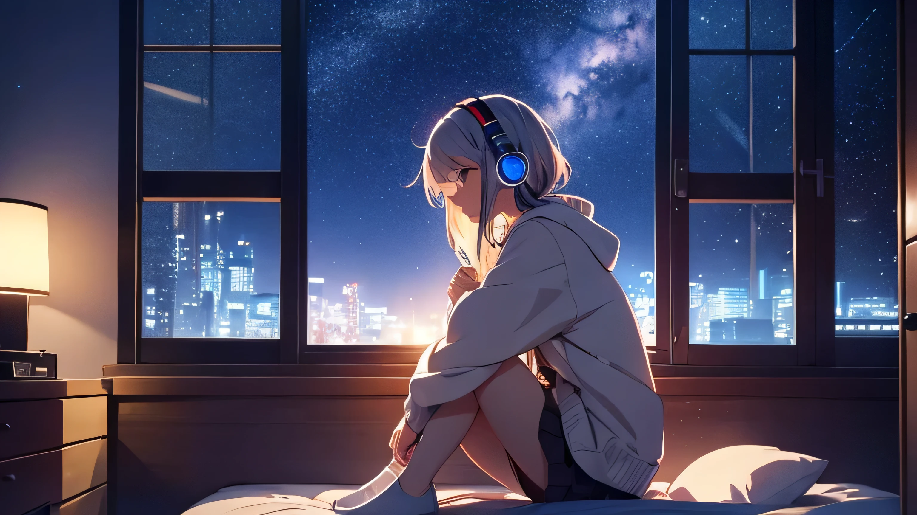 A lonely beautiful girl listening to music with headphones in a room at midnight warm lighting Outside the window, the starry sky spreads Japanese anime style