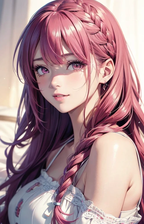 masterpiece、highest quality、High resolution、high quality images、8K, 1 female、skin luster、Texture of skin and clothing、Expression of fine eyes、Shiny bright pink hair,Girl with long braided hair, Manga inspired by Lee Jong-suk, trending on deviantart, realism, detailed manga style, manga art style, perfect line drawing, beautiful line drawing, digital manga art girl, K-POPアイドル, 美しいpink eyes, pink eyes , plump lips, detailed gorgeous face, (cute smile), charm, innocent, Side view, (perfectly detailed face), (fine hands) photorealistic images, Depth of written boundary, Princess hairstyle,  In underwear ,lying on a bed of roses  ,romanticism,