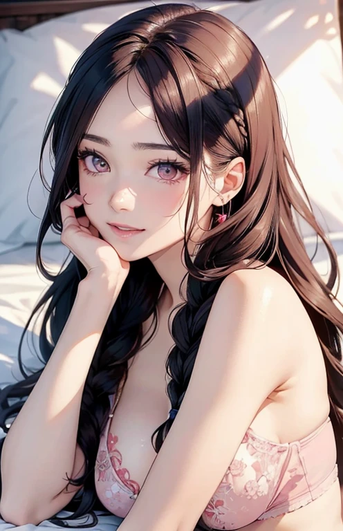 masterpiece、highest quality、High resolution、high quality images、8K, 1 female、skin luster、Texture of skin and clothing、Expression of fine eyes、Shiny bright pink hair,Girl with long braided hair, Manga inspired by Lee Jong-suk, trending on deviantart, realism, detailed manga style, manga art style, perfect line drawing, beautiful line drawing, digital manga art girl, K-POPアイドル, 美しいpink eyes, pink eyes , plump lips, detailed gorgeous face, (cute smile), charm, innocent, Side view, (perfectly detailed face), (fine hands) photorealistic images, Depth of written boundary, Princess hairstyle, In underwear ,lying on a bed of roses ,romanticism,