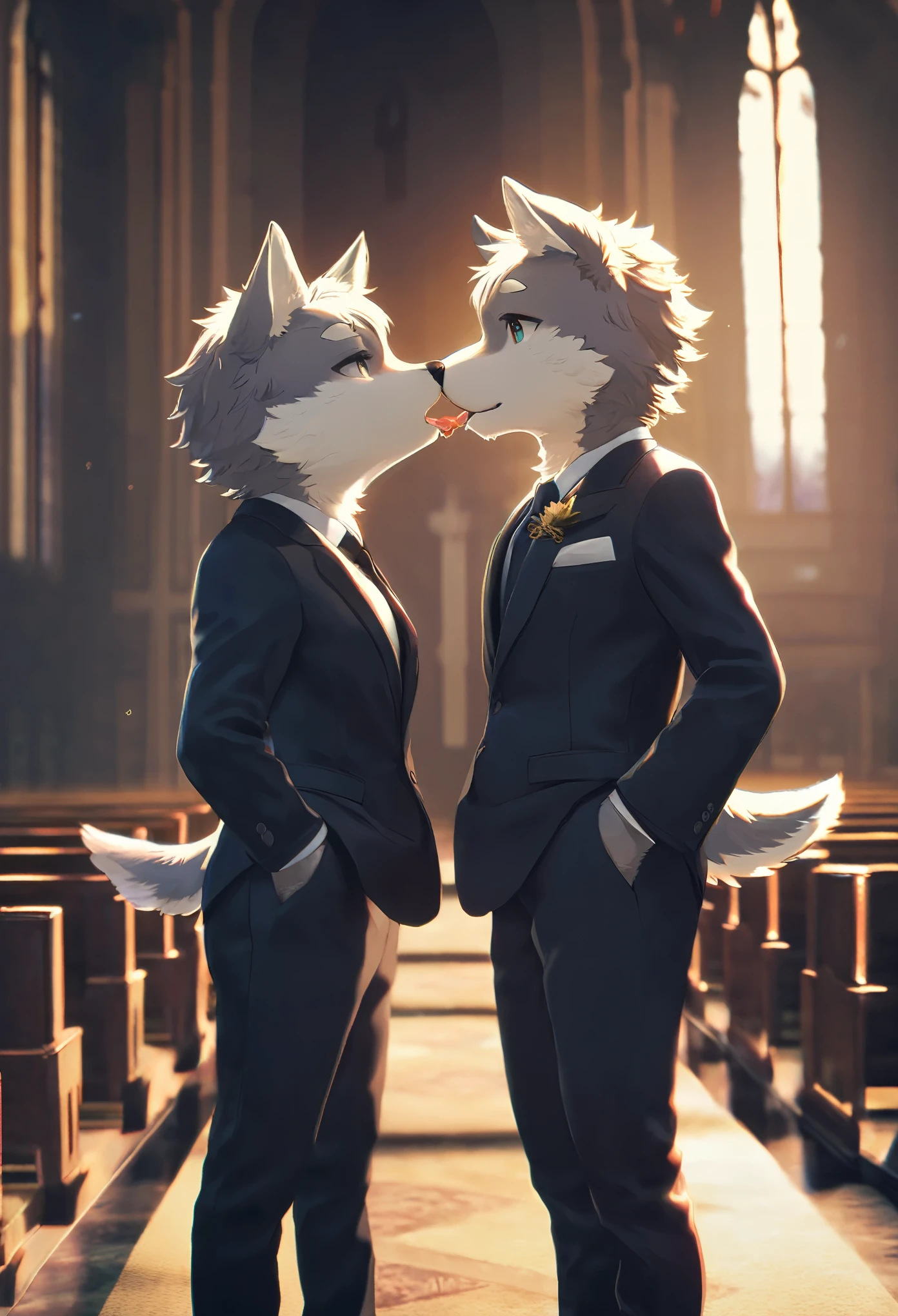 top quality, best quality, masterpiace, super high resolution, detailed background, church(highly detailed beautiful face and eyes)absurdres, perfect anatomy(handsome 2boy, kemono, suits, furry anthro, Furry body, dog facial features, dog body features)(very detailed body fur)full body, standing, bird kiss, smack, smile, portrait, cinematic lighting,
