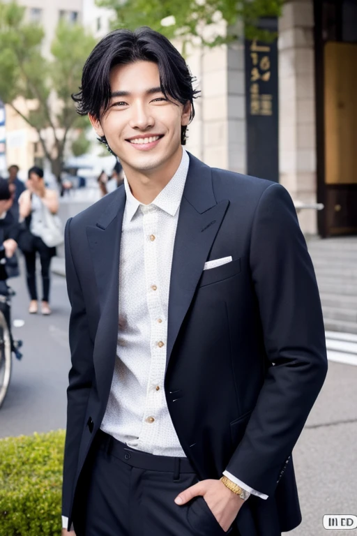1boy, 35 years old Japanese male, (male:1.5), gray eyes, squint, (very short hair: 1.3), under_cut, ((shirt)), ((suit)), (handsome, sharp) , smile,))), (stout muscles), (stout physique), SFW, outdoors, detailed background, modern urban,