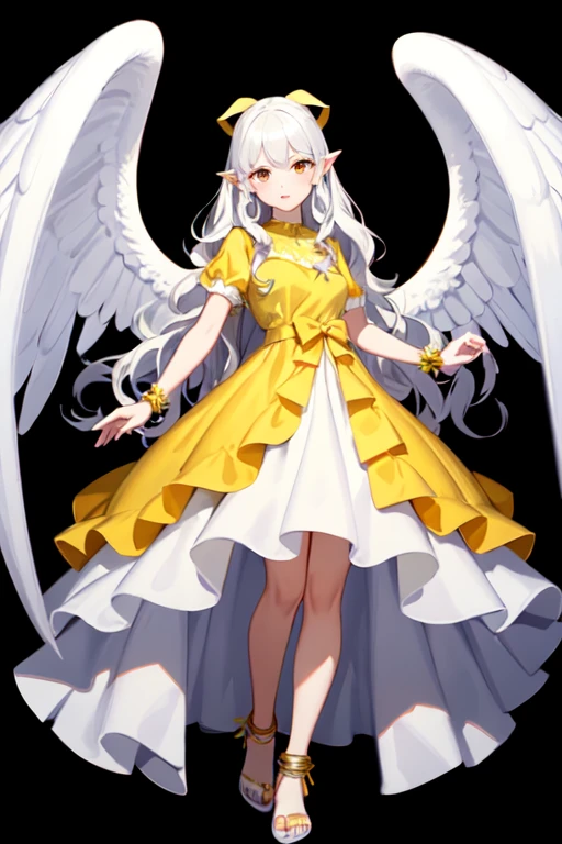 ((best quality)), ((masterpiece)), (detailed), perfect face, ((white wavy hair to the left
)), ((big yellow Alice band)), ((white folded angel wings)), yellow top white skirt dress, bare foot, white anklet, Large yellow ribbon decoration on the back, pointy ears, standing, black background, standing diagonally, white skin, red eyes, 