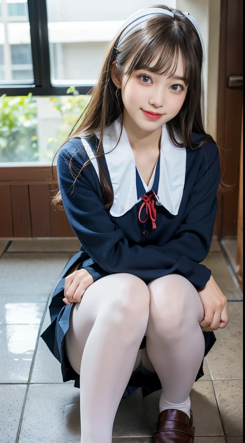 ((Short dark blue socks)) put your hands on your knees ((brown loafers)blonde、((I can see her wet white panties))(Crouching panty shots)double eyelid eyelash beautiful and fine eyes、super detailed、High resolution、Superb beauty highest quality、masterpiece、、(Japanese girls' high school uniform))、very detailed expression school classroom highly detailed look 21 year old girl、positive、((dynamic pose)))、(Sit straight with your knees bent))、pleated skirt、Ribbon 1,2. Sexy Smile Extremely low angle、Water comes out from the crotch