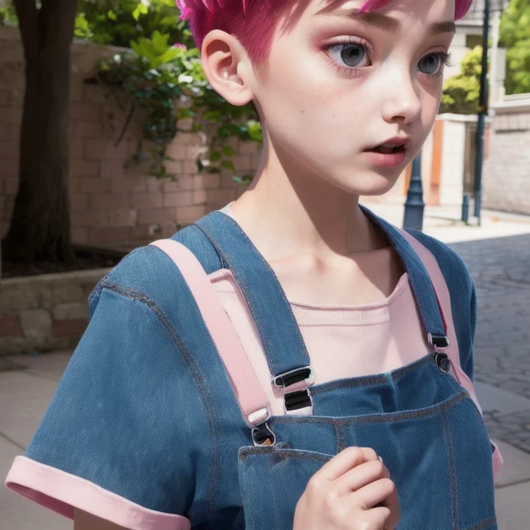 Suspender jeans(masterpiece, best quality:1.2), Very short hair, alone,Pale pink,Light rouge makeup(((Short hair)))(minor)masterpiece, Outdoor backstreets,Lunar soil,best quality, movie lighting, soft light ,Realistic,facial close-up,Landscape avatar,666, ((1 girl))