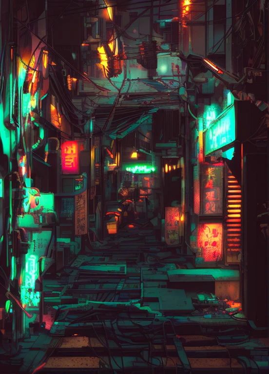 arafed alley with a lot of electrical wires and a lot of wires, cyberpunk streets in japan, tokyo alleyway, quiet tokyo alley at night, kowloon cyberpunk, kowloon walled city style, kowloon walled city, cyberpunk alley, dark alleyway, japanese street, deserted shinjuku junk, cyberpunk back alley, bladerunner street alley