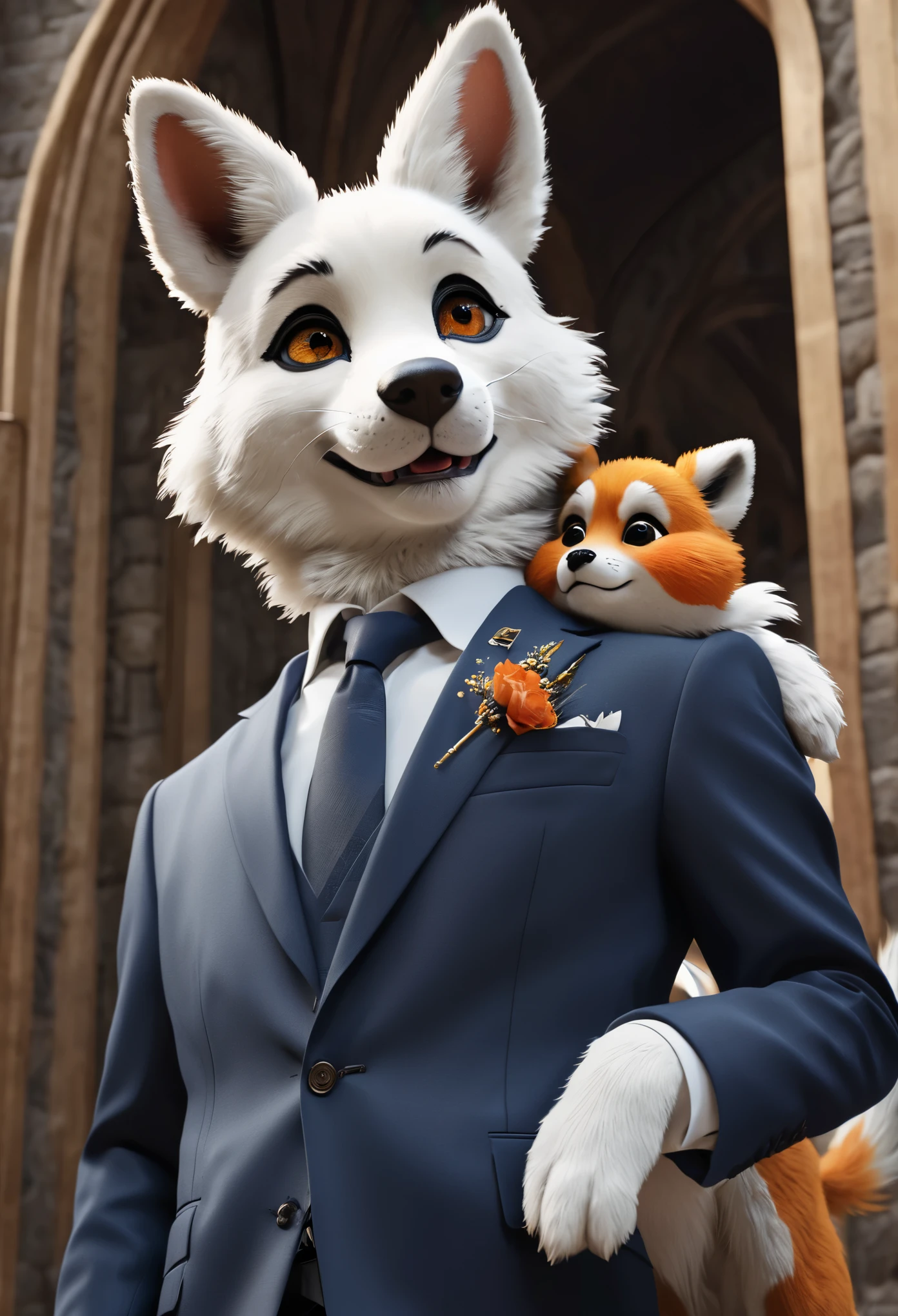 top quality, best quality, masterpiace, super high resolution, detailed background, church(highly detailed beautiful face and eyes)absurdres, perfect anatomy(handsome 2boy, kemono, suits, furry anthro, Furry body, dog facial features, dog body features)(very detailed body fur)full body, standing, bird kiss, smack, smile, portrait, cinematic lighting,