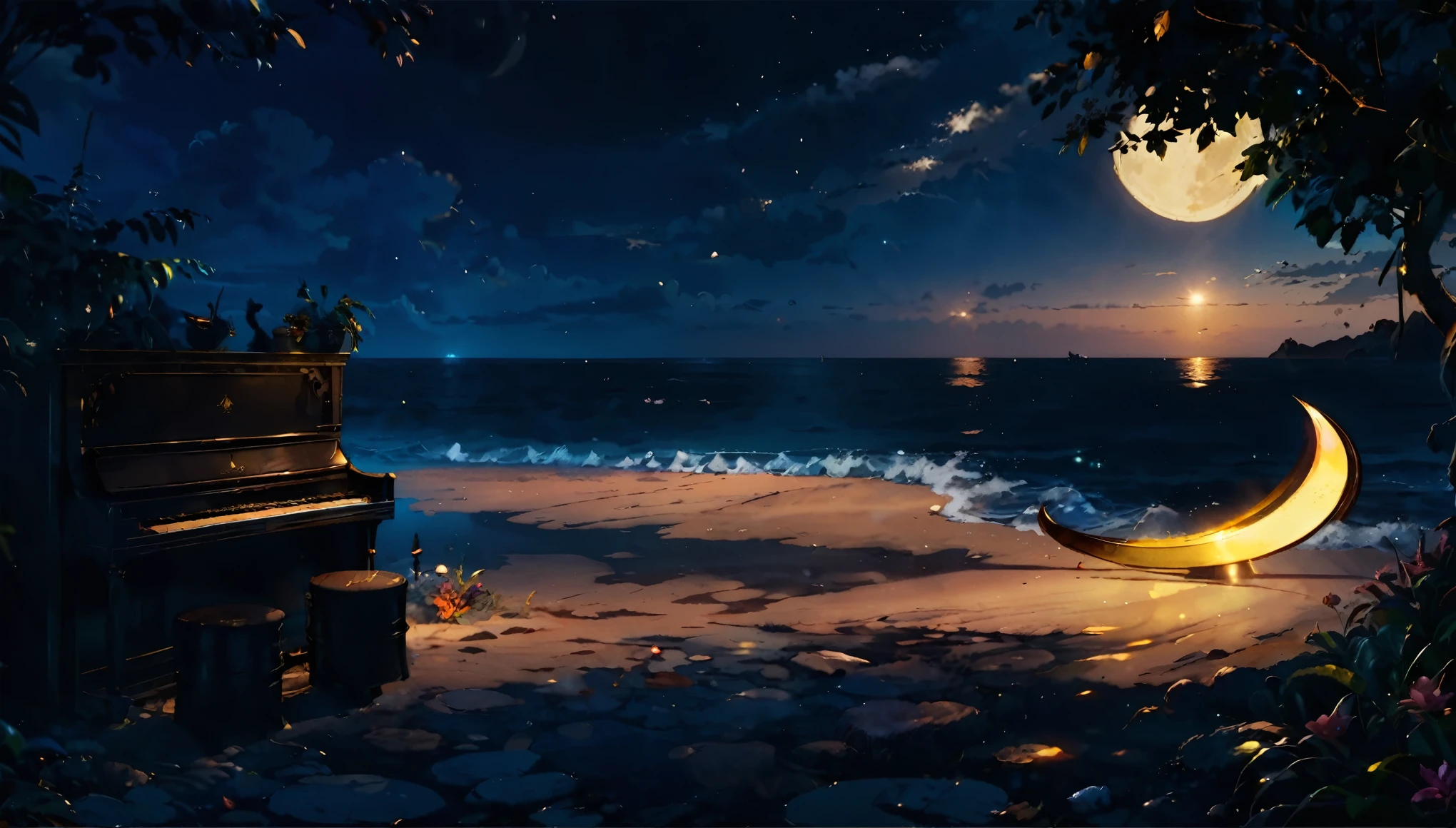 Crescent Moon　dim　dark　seaside　piano　stage