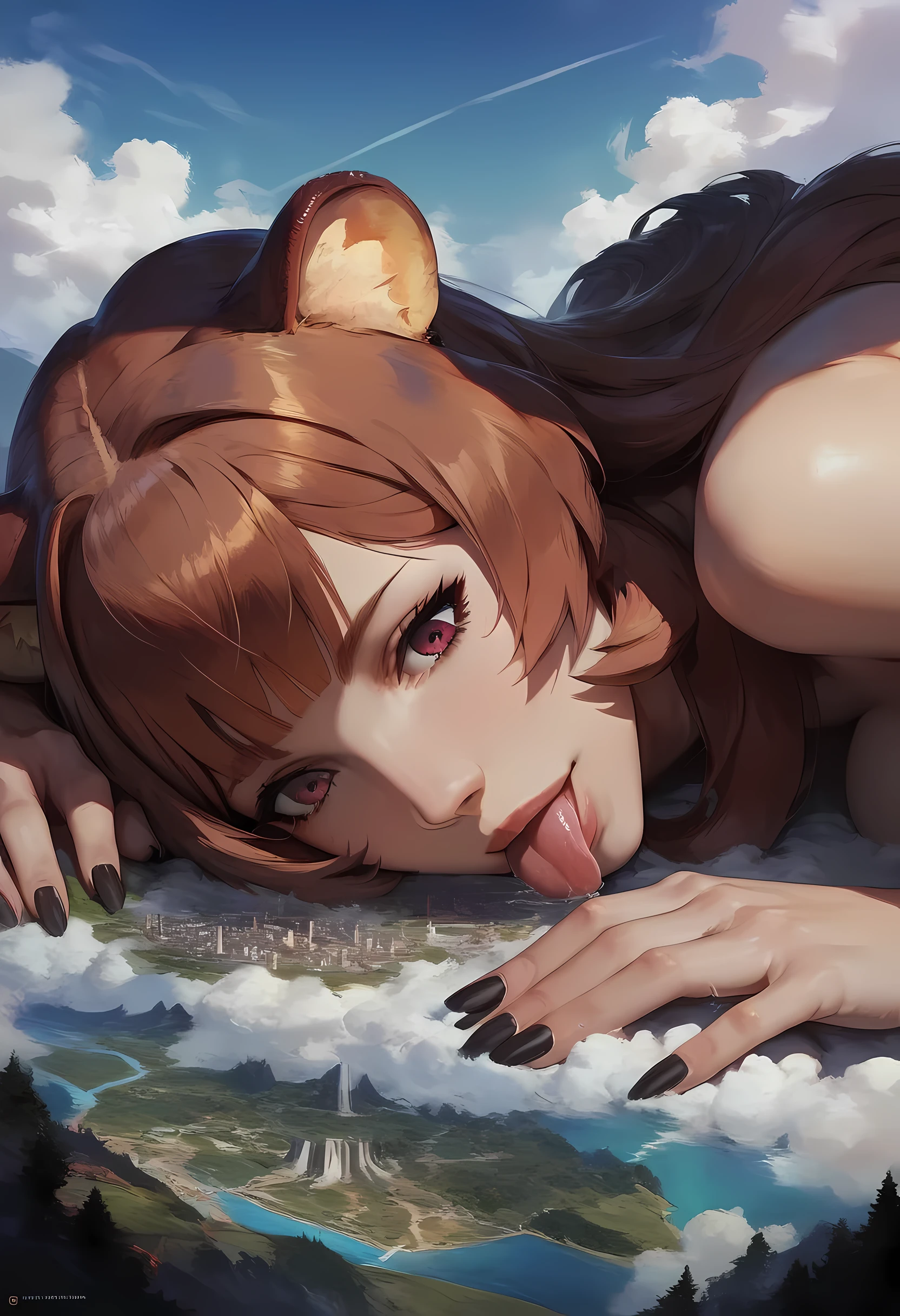 Raphtalia,(rise of the shield hero),score_9, score_8_up, score_7_up,score_6_up, source_anime, concept art twilight, digital art,realistic,macro, 1girl,solo,from side,on stomach,close-up,crush, looking down,hand,saliva, landscape, tongue out, licking ,shine body, naked, elegant makeup,black lips,black fingernails,