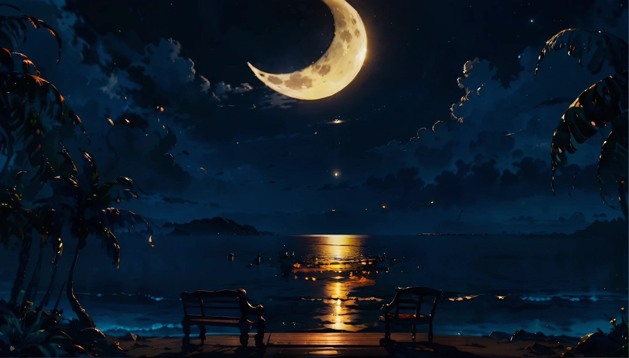 Crescent Moon　dim　dark　seaside　piano　stage