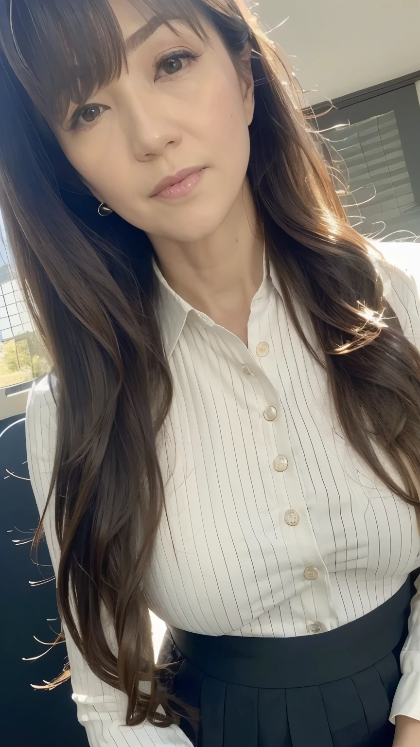 NSFW, ((Top Quality)), ((8K)), ((Masterpiece: 1.3)), (Perfect Appearance), (Photorealism: 1.6),
japanese woman, (58 years old), ((Realistic skin texture 1.8)), (Fine wrinkles throughout the skin: 1.3), (Dull skin: 1.1), (Skin without moisture: 1.2) , (Wrinkles on the face: 0.9), (Wrinkles on the corners of the eyes: 1.2), Double eyelids, tear bags on the lower eyelids, (Crying moles: 0.9), The eyes are looking here, serious gaze, (Dimples: 1.2), short bangs, long hair, Waves on the ends of the hair, soft fabric blouse, (Plump and glamorous body), (wide sleeves), (Cuffs that fit your wrist), (The hem of the blouse is tucked into the skirt: 1.2), flare skirt, high heels, (focus on face: 1.3), (low angle),