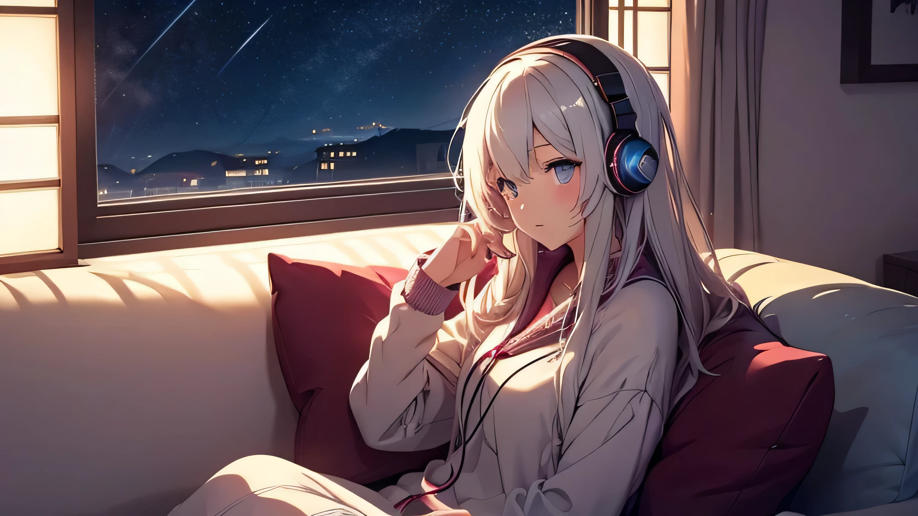 A lonely beautiful girl listening to music with headphones on a sofa in a room at midnight　warm lighting　Outside the window, the starry sky spreads　Japanese anime style