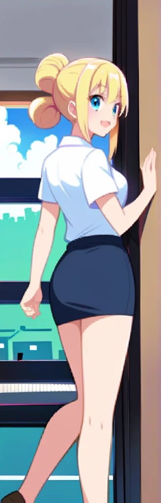 Anime girl,blonde hair,Blue sky eyes,Holding monaka,Office girl,Tied hair in housetail left side,Smile,open mouth