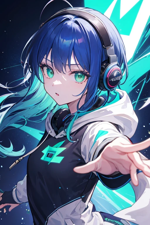 ((highest quality)), ((masterpiece)), (be familiar with),(Super detailed), perfect face,deep blue hair,Long hair that looks like it's about to start dancing,Bright emerald green eyes,Glowing eyes,Loose emerald green cyber-inspired hoodie,Headphones against a vibrant blue sky,TV decorations with static in various places on the body