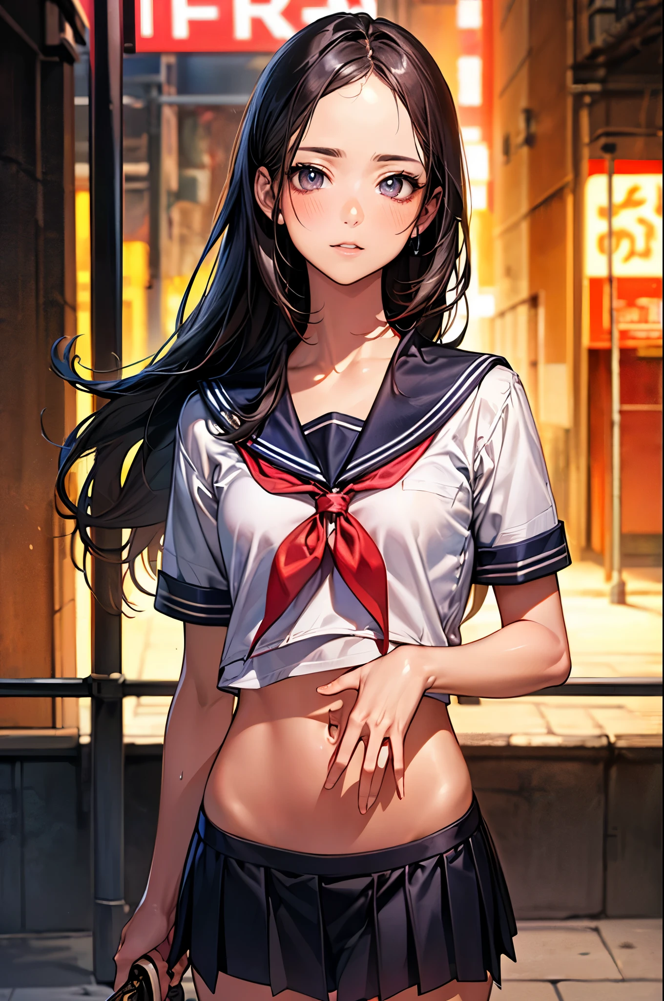 ((perfect anatomy,realistic:1.2,RAW Photography:1.2,masterpiece、highest quality、Ultra - High resolution、High resolution、Highly detailed CG、8K)),cowboy shot,1 female,solo,18-year-old、High school girl swordsman、18-year-oldの美少女,Japanese,(beautiful detailed face and eyes:1.2,big gorgeous eyes:1.2,gray eyes,),black hair,long bob hair,(center parted hair,forehead),(medium breasts,slender body,small head:1.2,skinny),(oily skin,gleaming skin,shiny skin,sweat,holding a Japanese sword),school clothes、short sleeve、sailor suit、Black sailor collar、navel、red neckerchief、Black pleated mini skirt、on street,Tokyo、at night、neon、