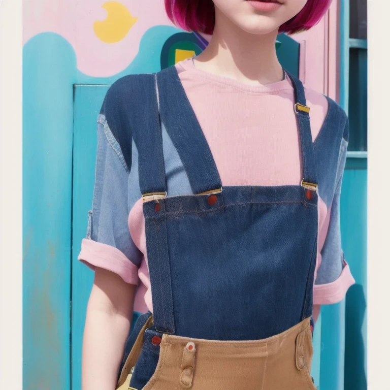 Suspender jeans(masterpiece, best quality:1.2), Very short hair, alone,Pale pink,Light rouge makeup(((Short hair)))(minor)masterpiece, Outdoor backstreets,Lunar soil,best quality, movie lighting, soft light ,Realistic,facial close-up,Landscape avatar,666, ((1 girl))