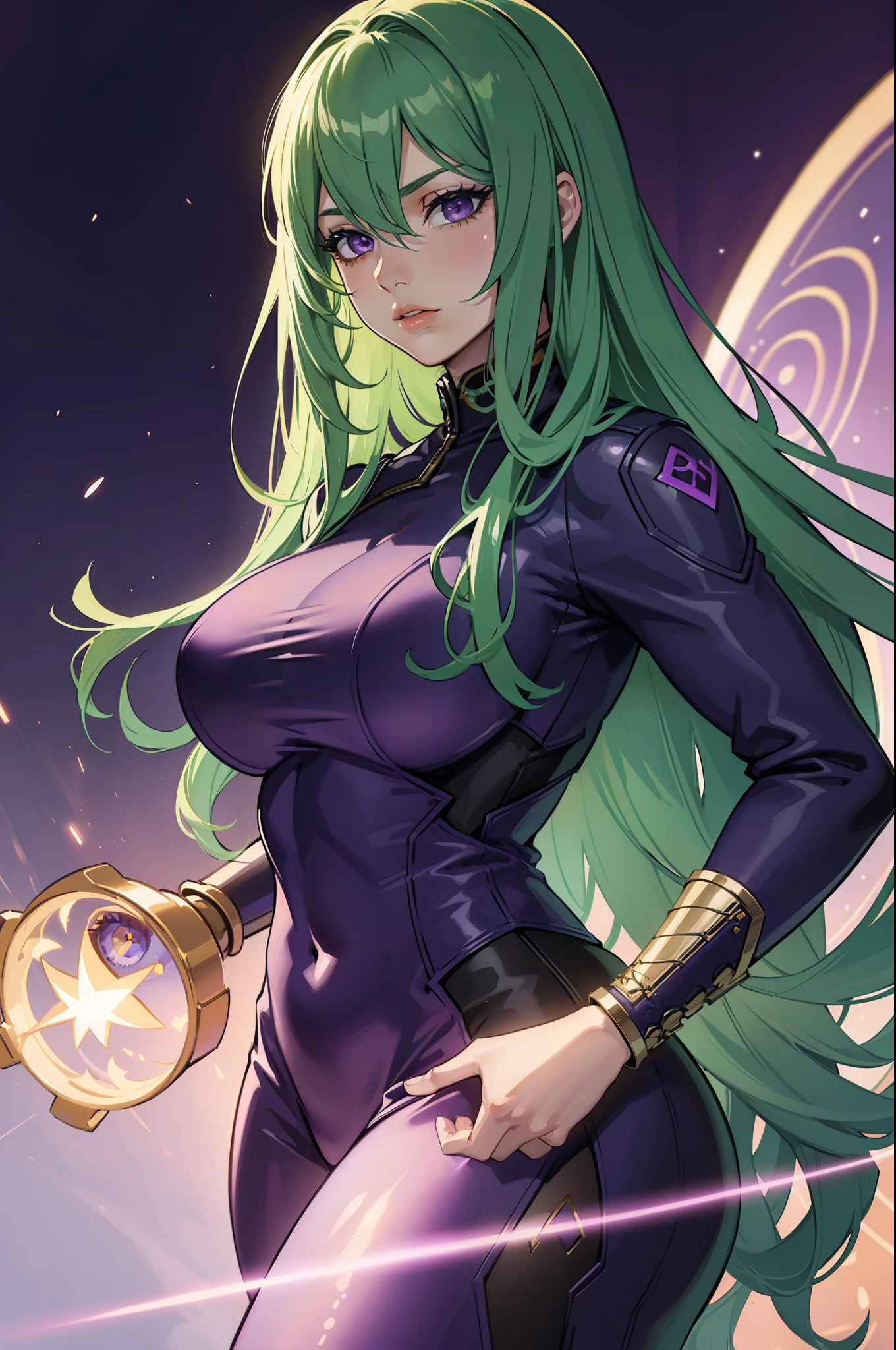 ((best quality,ultra-detailed,realistic)),HDR,UHD,studio lighting,1girl,professional,vivid colors,bokeh,portrait,green hair,light green hair,beautiful detailed purple eyes,very long hair,pale skin,curvaceous,concrete,shadow,dark atmosphere, black aviator outfit with purple led lights,pretty, delicate features, long lashes, big lips, beautiful, straight hair, long lashes, big lips, beautiful, straight hair, purple led lights, ((magic backgound)), magical suit, ((aviator suit)), (((detailed face))), (((detailed eyes)))