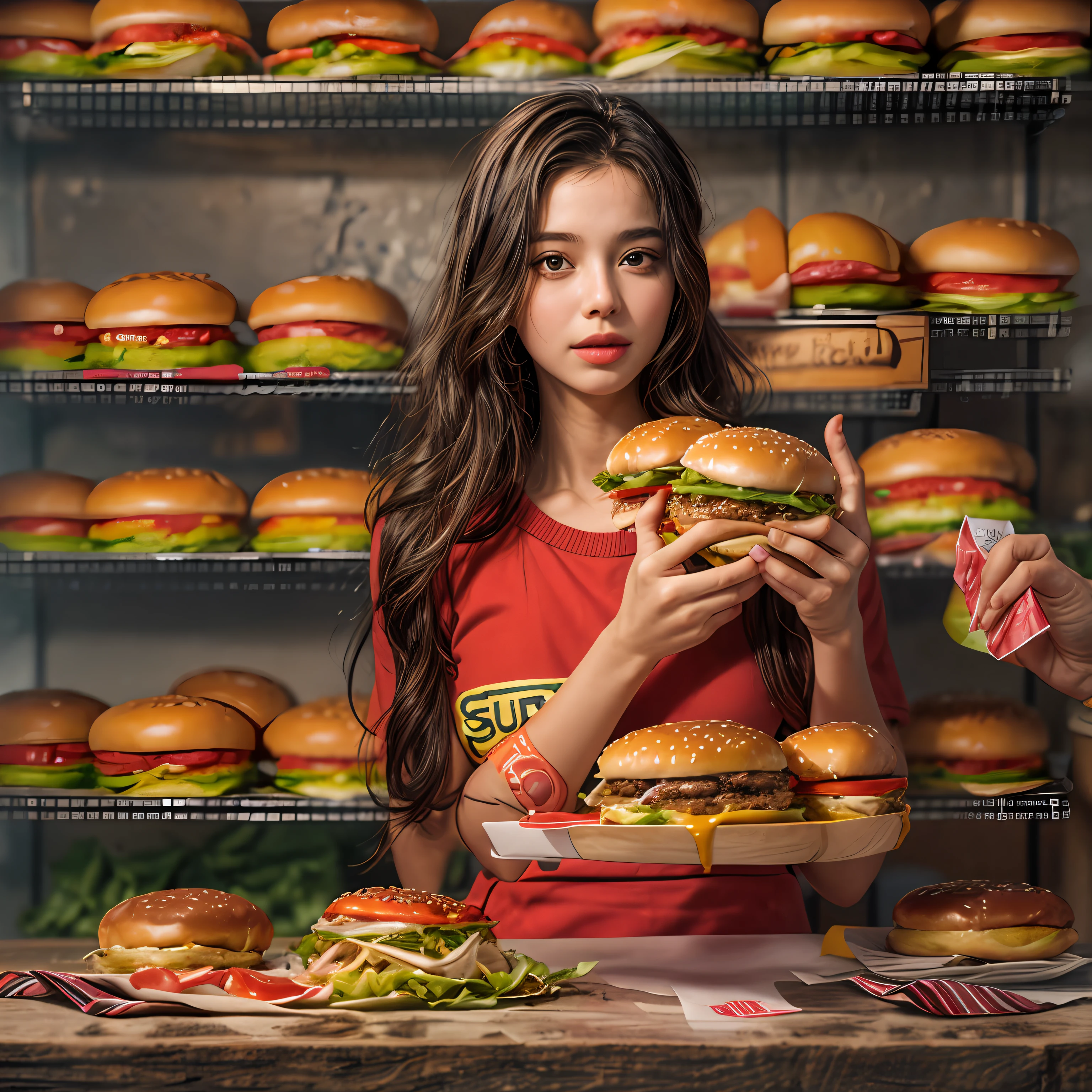 arafed girl holding a hamburger in front of a shelf of hamburgers, super realistic food picture, realistic style, eating burgers, realistic artstyle, realistic art style, realistic food, girl in real life, realistic lighting, serving burgers, realistic young girl, eating a burger, photorealistic girl ,