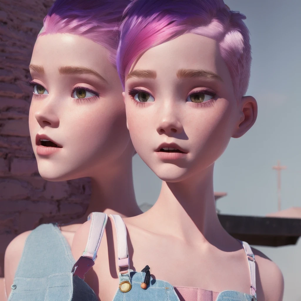 Top Quality, Masterpiece, High Resolution, 8k, ((two cute skinny barely legal girlfriends in shiny crop top, short sleeves, wide neckline, deep neckline, small perky breasts, extremely detailed face, detailed slightly open eyes, beautiful detailed lips, short asymmetrical pixie hair, small hips)), in a spaceship, on bed, intricate details, at night, backlit, random neon color, full body shot, view from distance, random pose