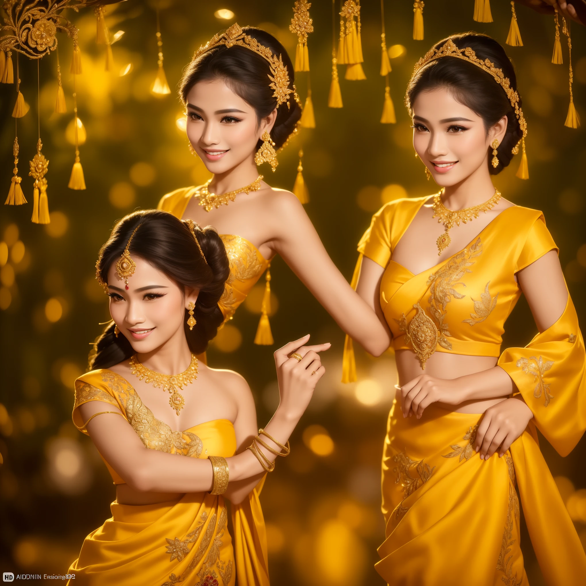 (Mrs. Mahothorn Devi, Miss Songkran 2024, masterpiece, best quality, ultra high definition, intricately detailed, vibrant colors, traditional Thai dress, golden sunset background, beautiful flowers surrounding, radiant smile, elegant pose, perfectly coiffed long black hair, adorned with intricate gold jewelry, graceful hands, flawless fair skin, captivating eyes, exuding confidence and beauty, 4K resolution, stunningly realistic)