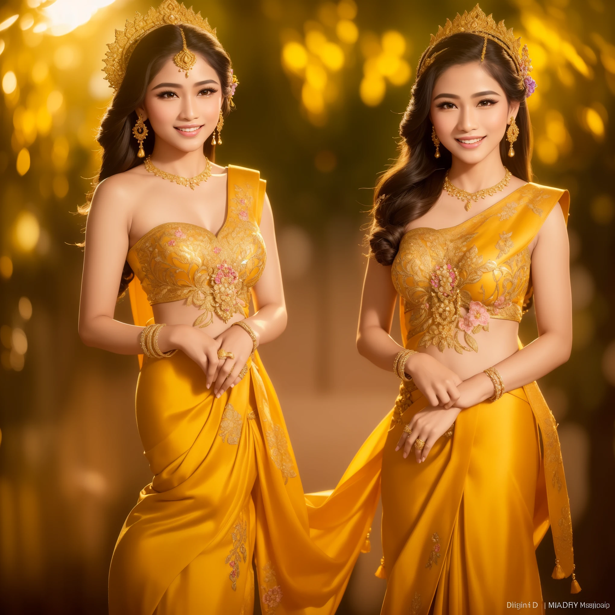 (Mrs. Mahothorn Devi, Miss Songkran 2024, masterpiece, best quality, ultra high definition, intricately detailed, vibrant colors, traditional Thai dress, golden sunset background, beautiful flowers surrounding, radiant smile, elegant pose, perfectly coiffed long black hair, adorned with intricate gold jewelry, graceful hands, flawless fair skin, captivating eyes, exuding confidence and beauty, 4K resolution, stunningly realistic)
