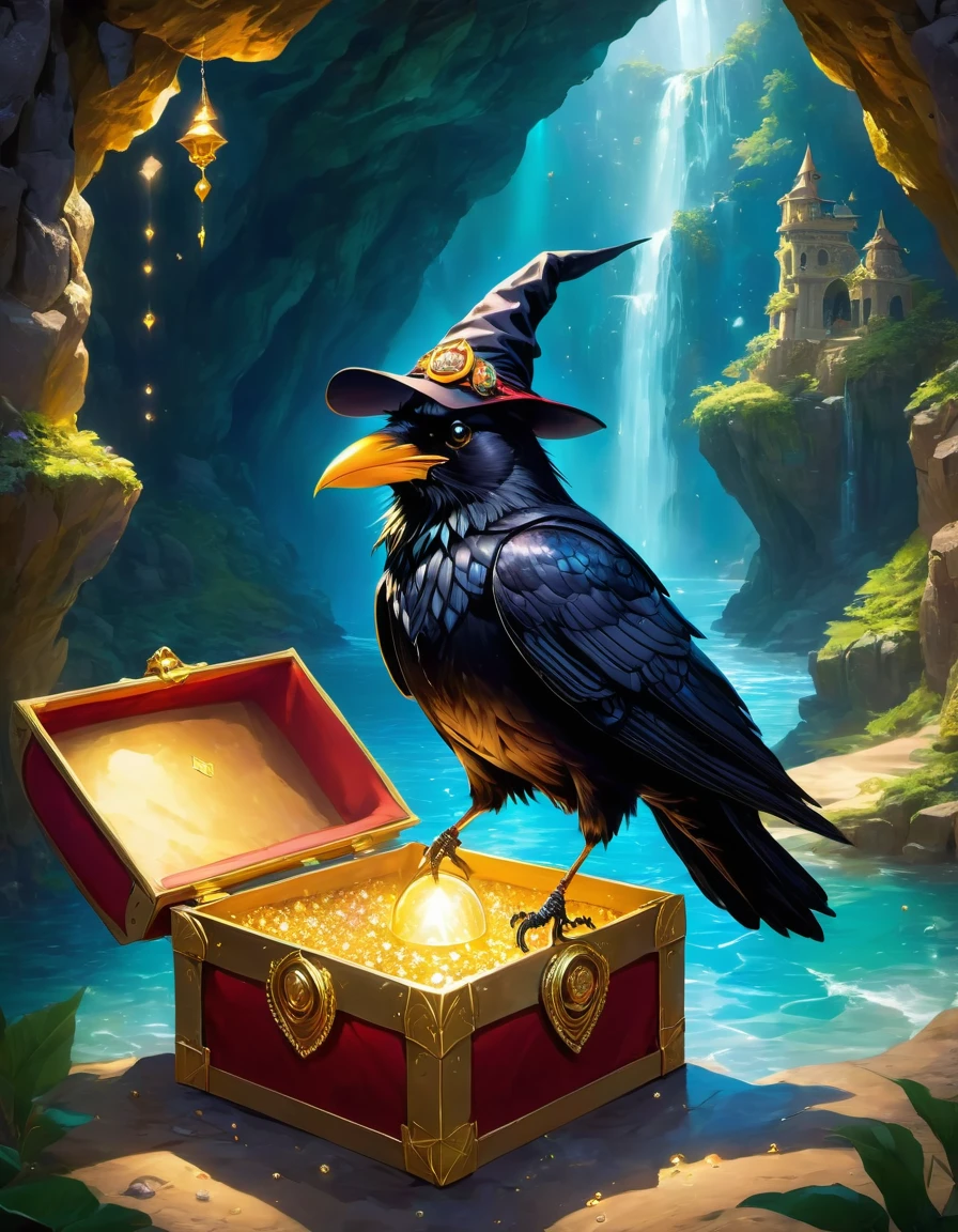 When a cute crow walked into the dark cave，A faint ray of sunlight came in through the gap in the wizard&#39;s robe，Wear a special magician costume, Wear a pointed hat，Teach with a wand，Tie a bright silk scarf on it，Embroidered with a gold expedition badge，It symbolizes courage and adventure，The cave is filled with an ancient atmosphere，The walls are covered with sparkling crystals，Go deep into the cave, The crow discovered a hidden passage，The walls of the passage are inlaid with pearls of strange shapes，exudes softness，Cross the passage carefully，I could faintly hear the sound of running water.，Stunning underground waterfalls， Waterfalls cascade from towering rock walls，A pool of crystal clear water is formed，The swimming pool glows blue，There seems to be endless treasure hidden，Explore islands in the water made of pearls and gems， There is an exquisite treasure chest on the island，Set with sparkling diamonds，The crow opened the box carefully.，Found filled with glittering gems and gold coins，movie lighting, 第一人称perspective, perspective, panoramic, super wide angle, ultra high definition, anatomically correct, masterpiece, precise, Award-winning, best quality，Dressed Animal Pages