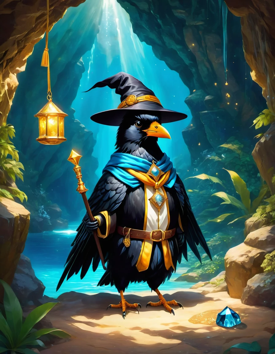 When a cute crow walked into the dark cave，A faint ray of sunlight came in through the gap in the wizard&#39;s robe，Wear a special magician costume, Wear a pointed hat，Teach with a wand，Tie a bright silk scarf on it，Embroidered with a gold expedition badge，It symbolizes courage and adventure，The cave is filled with an ancient atmosphere，The walls are covered with sparkling crystals，Go deep into the cave, The crow discovered a hidden passage，The walls of the passage are inlaid with pearls of strange shapes，exudes softness，Cross the passage carefully，I could faintly hear the sound of running water.，Stunning underground waterfalls， Waterfalls cascade from towering rock walls，A pool of crystal clear water is formed，The swimming pool glows blue，There seems to be endless treasure hidden，Explore islands in the water made of pearls and gems， There is an exquisite treasure chest on the island，Set with sparkling diamonds，The crow opened the box carefully.，Found filled with glittering gems and gold coins，movie lighting, 第一人称perspective, perspective, panoramic, super wide angle, ultra high definition, anatomically correct, masterpiece, precise, Award-winning, best quality，Dressed Animal Pages